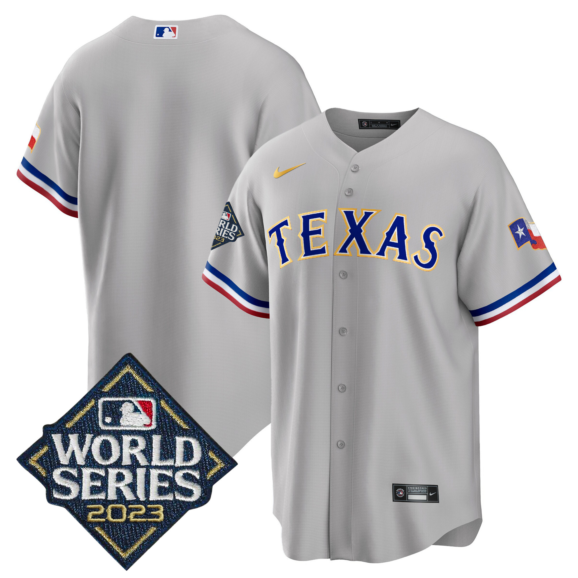 Team Men's Texas Rangers 2023 World Series Cool Base Gold Trim Gray Jersey - All Stitched
