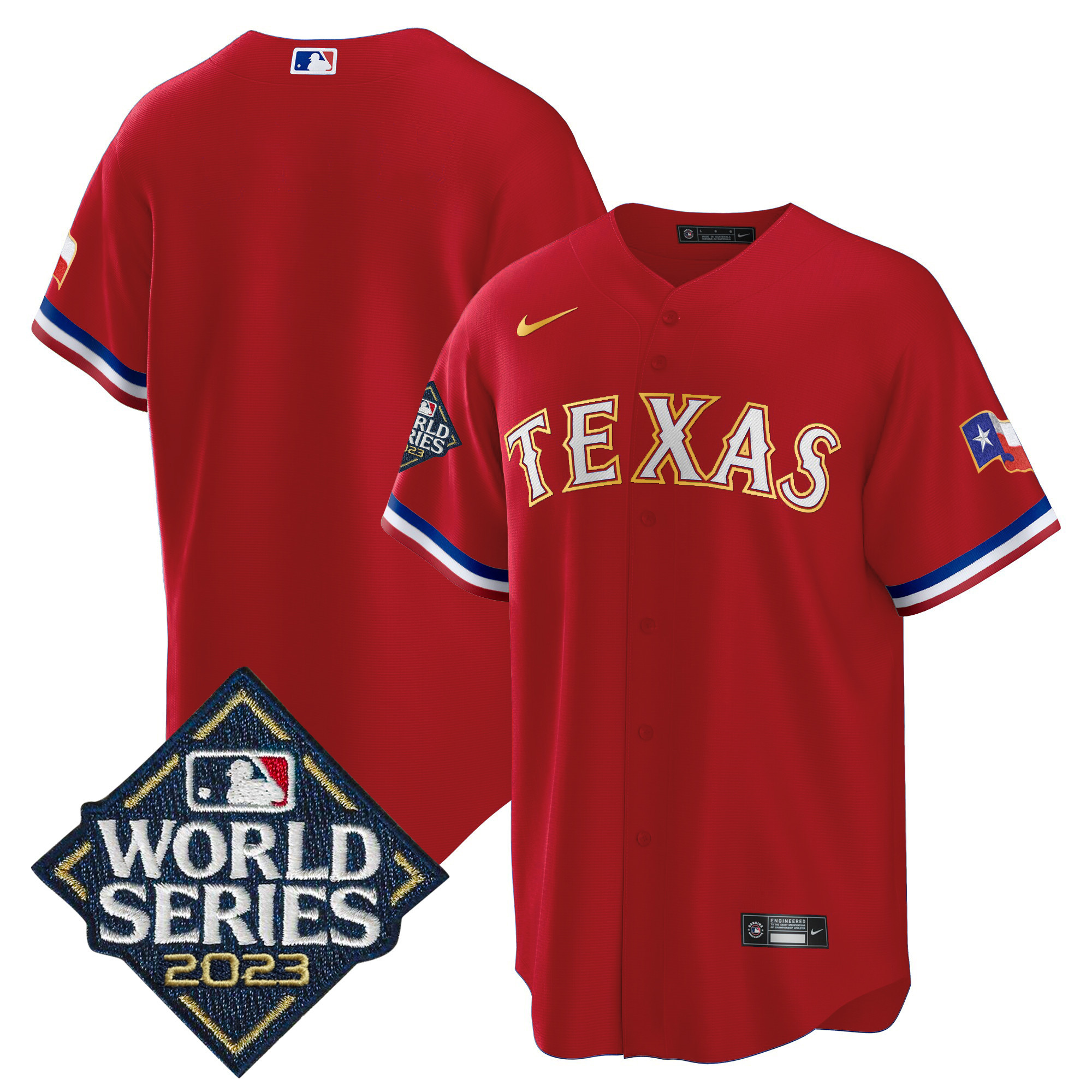 Team Men's Texas Rangers 2023 World Series Cool Base Gold Trim Red Jersey - All Stitched