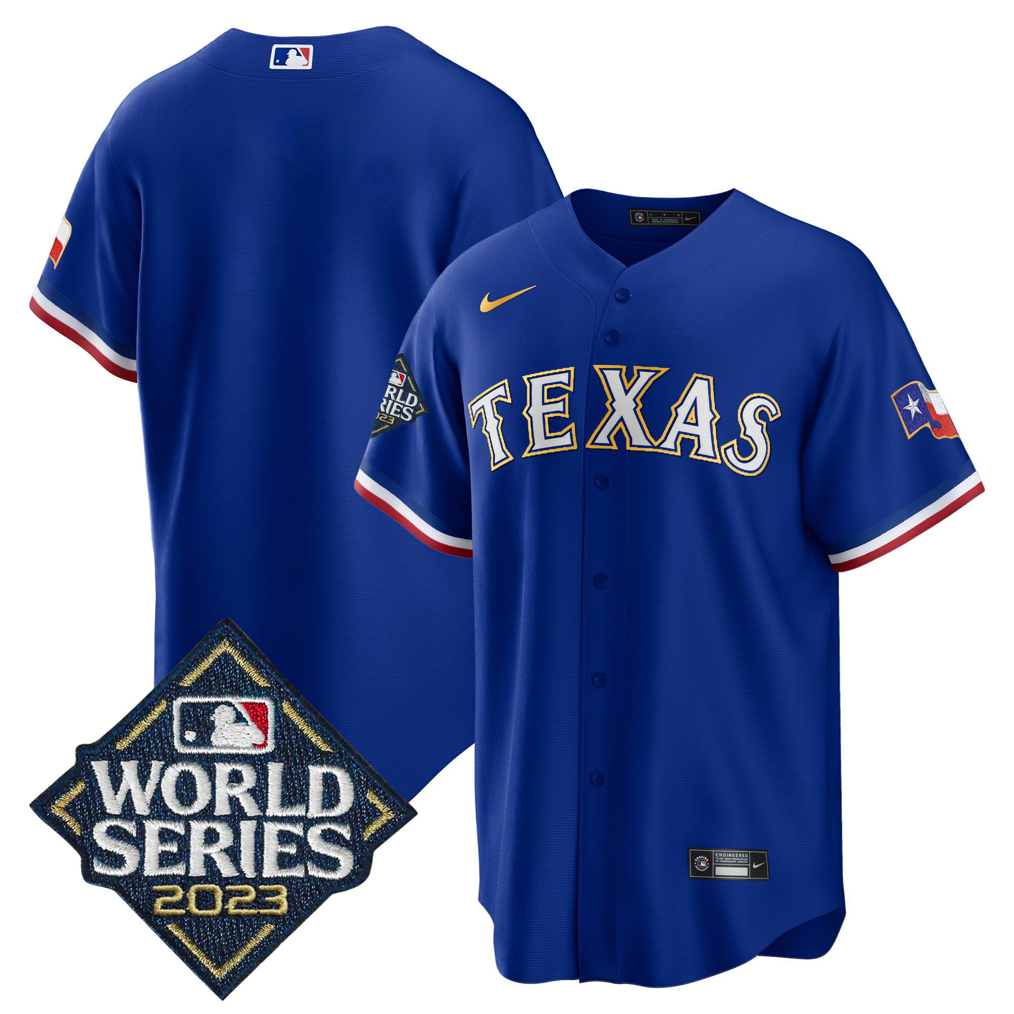 Team Men's Texas Rangers 2023 World Series Cool Base Gold Trim Royal Jersey - All Stitched