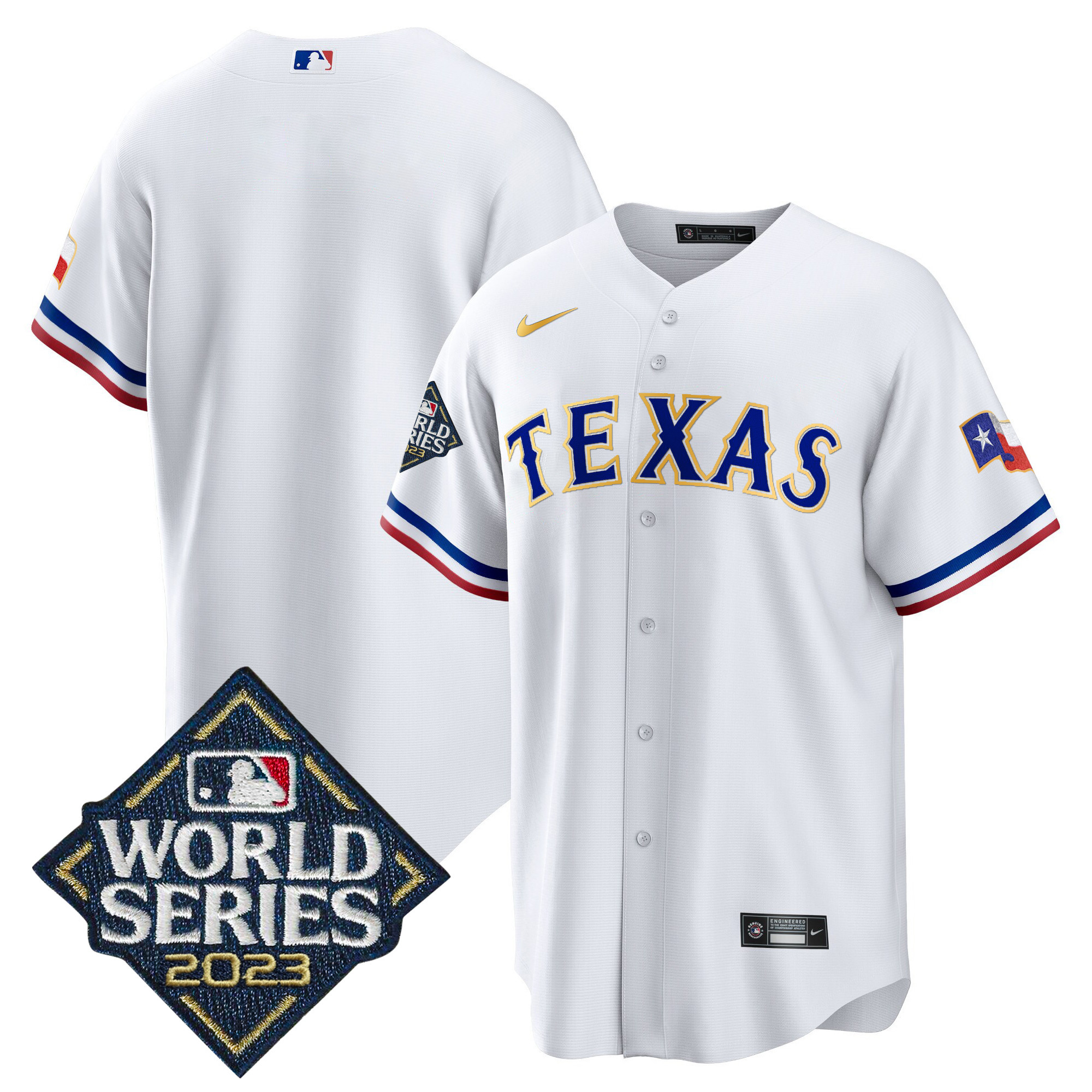 Team Men's Texas Rangers 2023 World Series Cool Base Gold Trim White Jersey - All Stitched