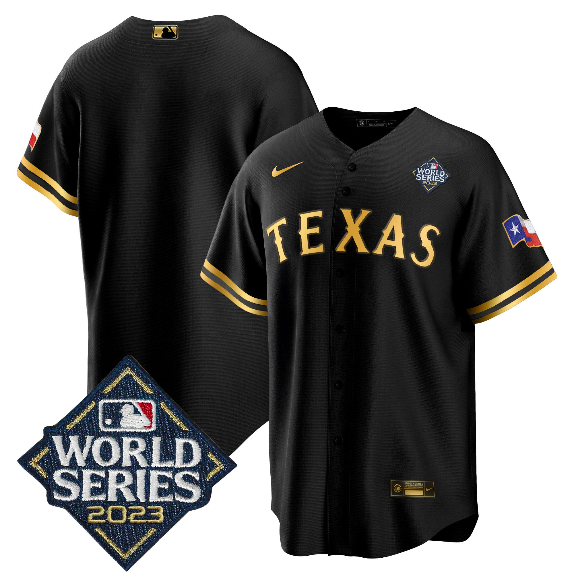 Team Men's Texas Rangers 2023 World Series Cool Base V2 Black Gold Jersey - All Stitched