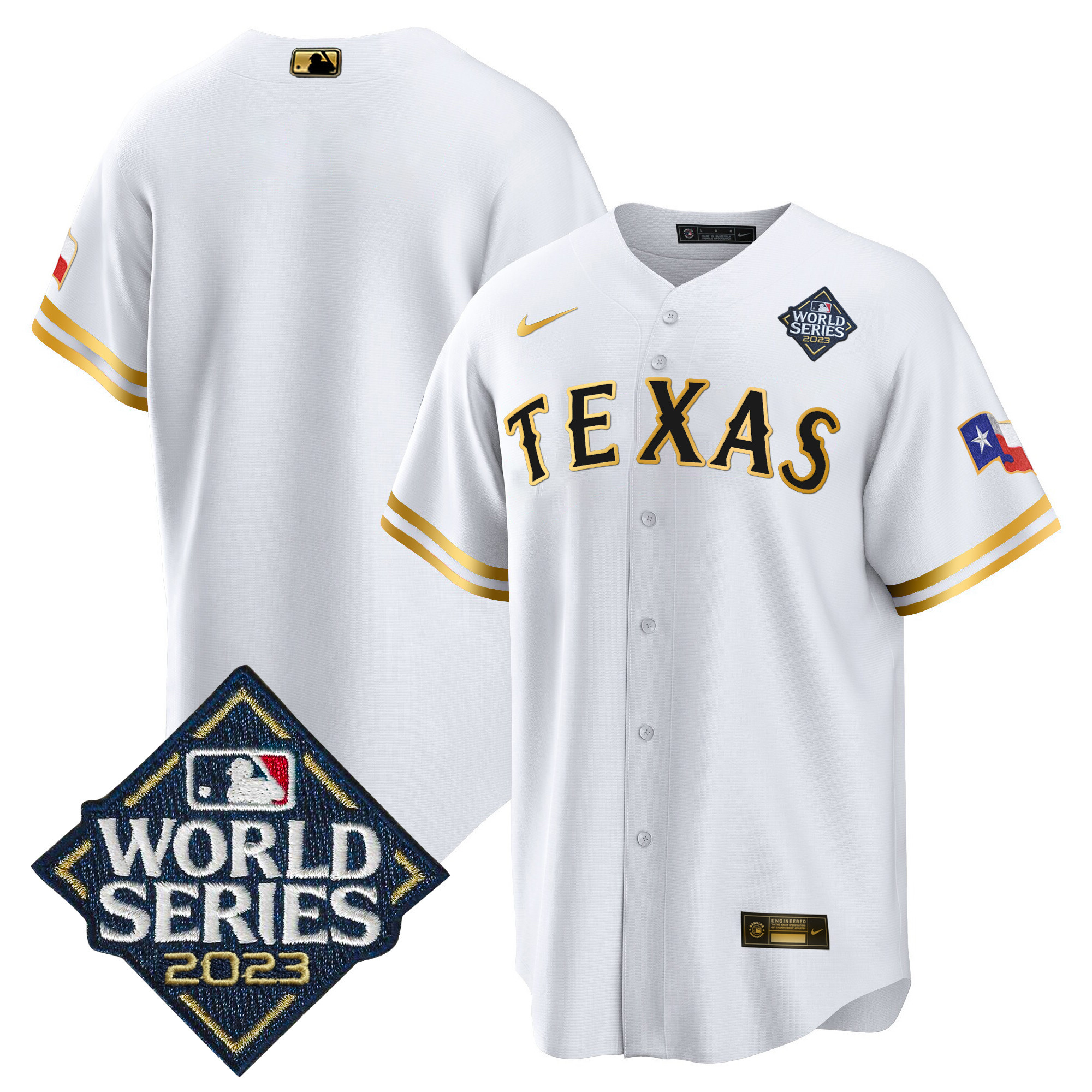 Team Men's Texas Rangers 2023 World Series Cool Base V2 White Gold Jersey - All Stitched