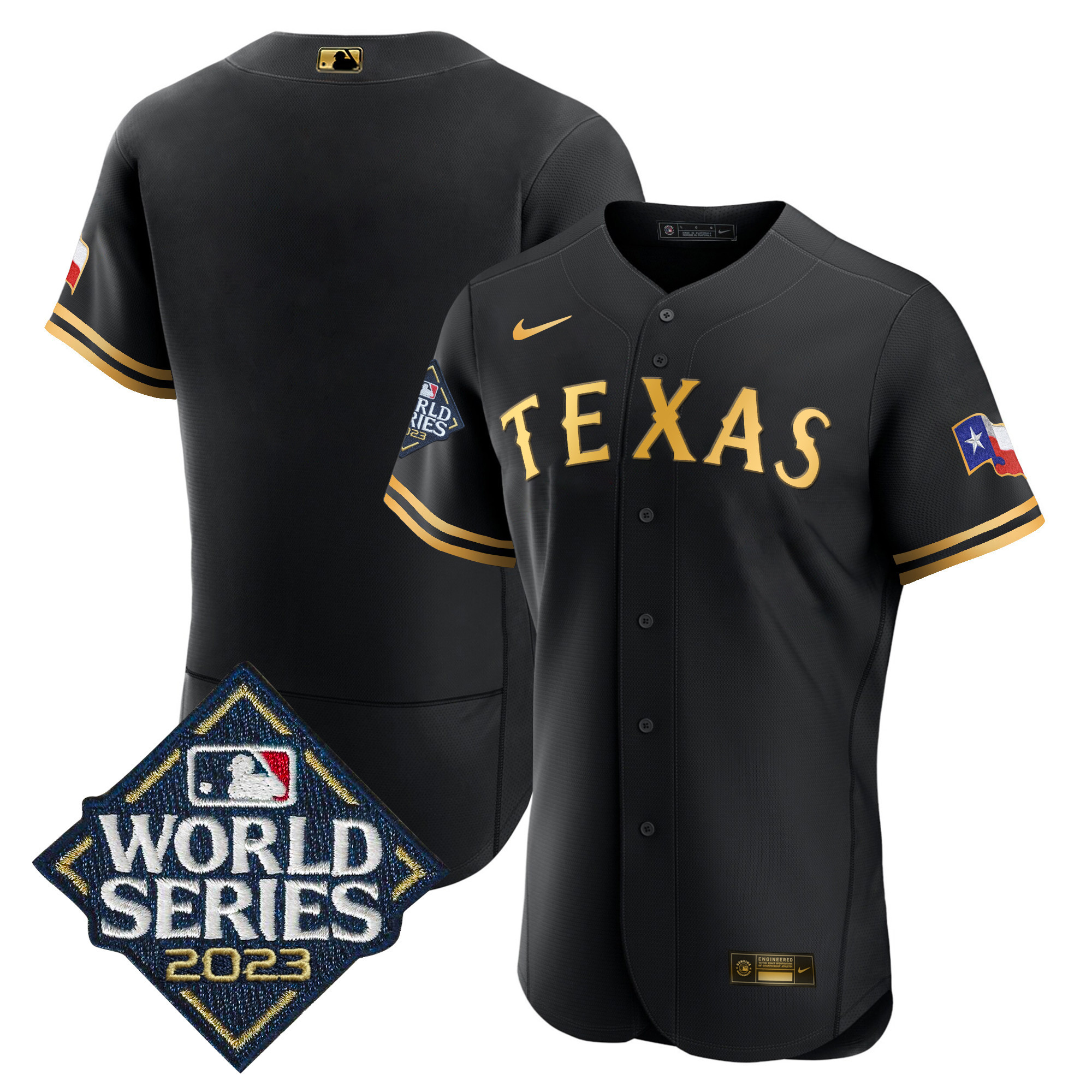Team Men's Texas Rangers 2023 World Series Flex Base Black Gold Jersey - All Stitched
