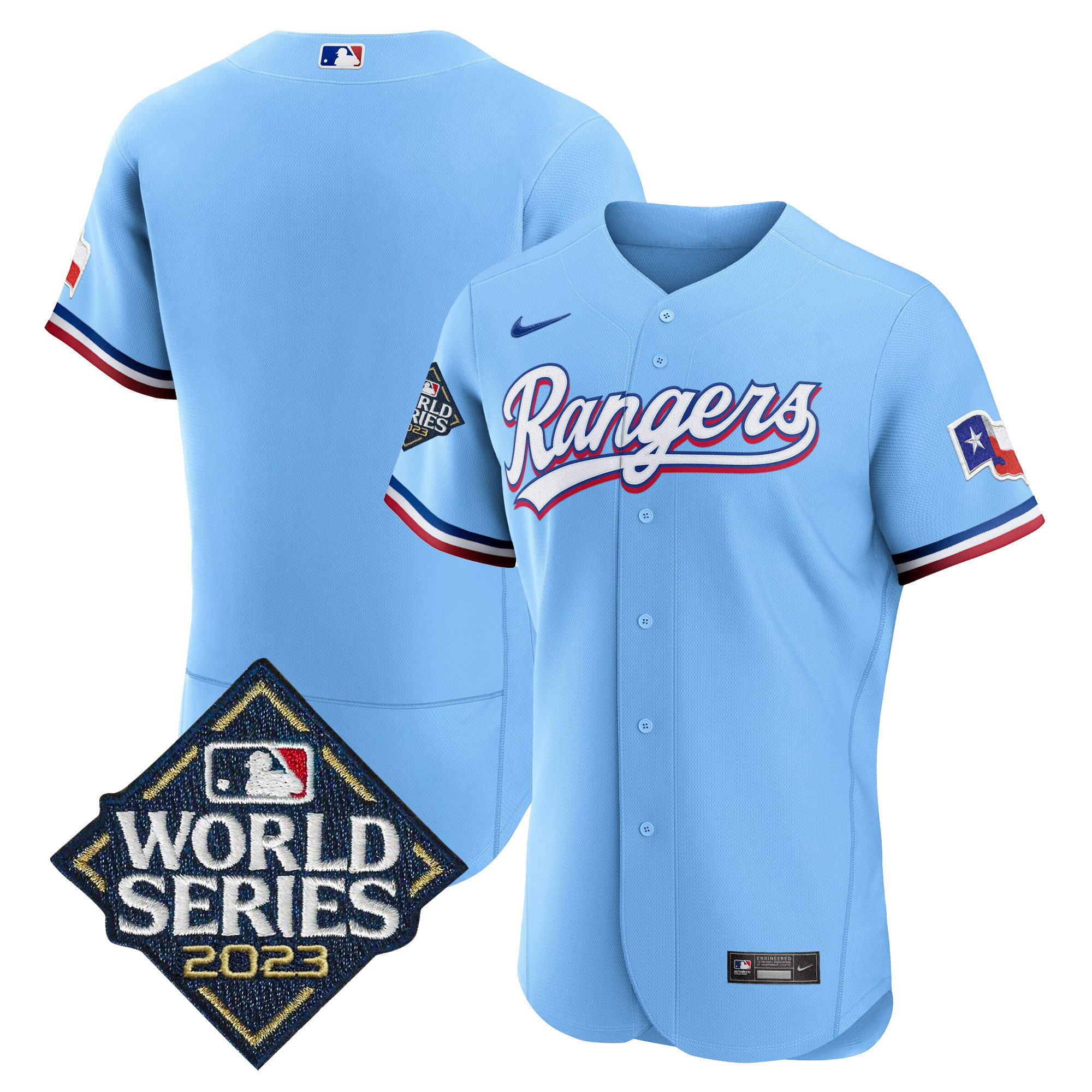 Team Men's Texas Rangers 2023 World Series Flex Base Blue Jersey - All Stitched