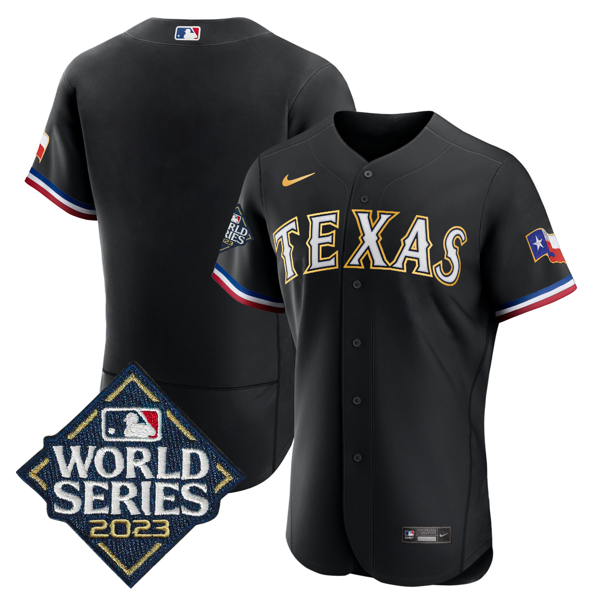 Team Men's Texas Rangers 2023 World Series Flex Base Gold Trim Black Jersey - All Stitched