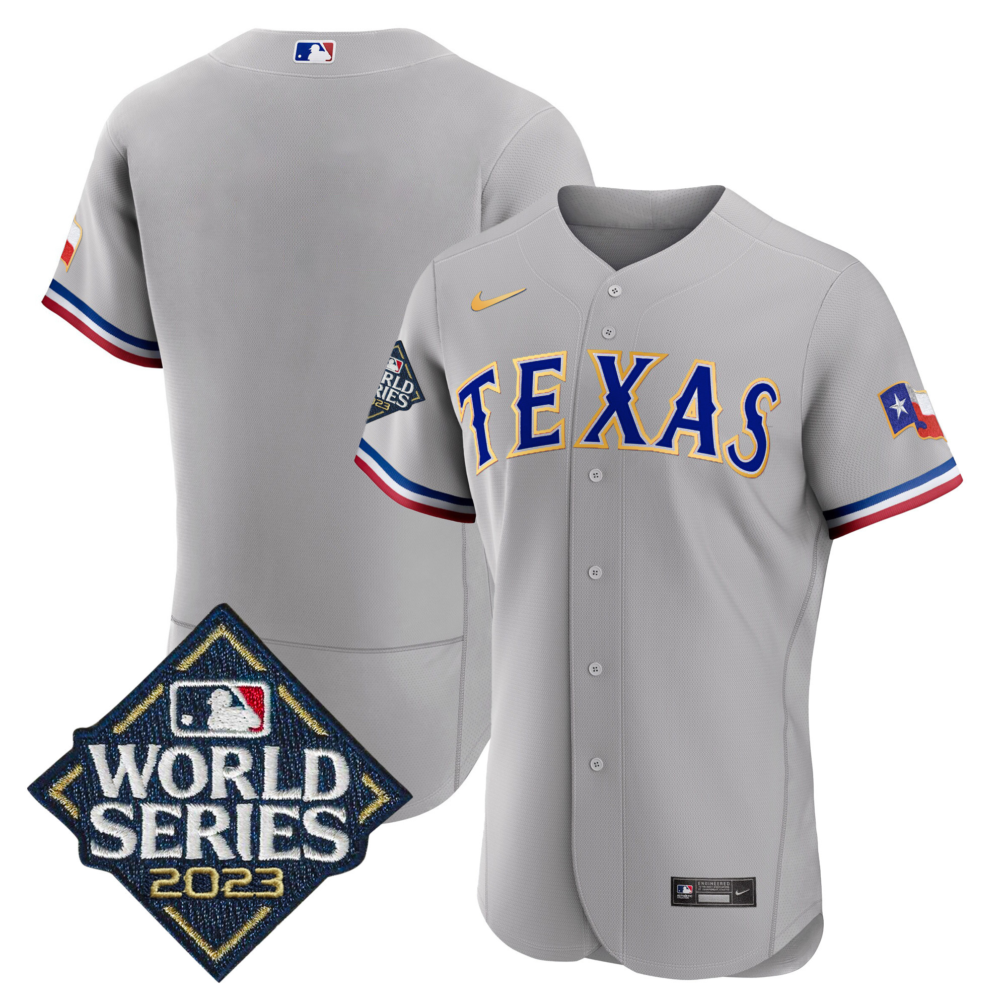 Team Men's Texas Rangers 2023 World Series Flex Base Gold Trim Gray Jersey - All Stitched