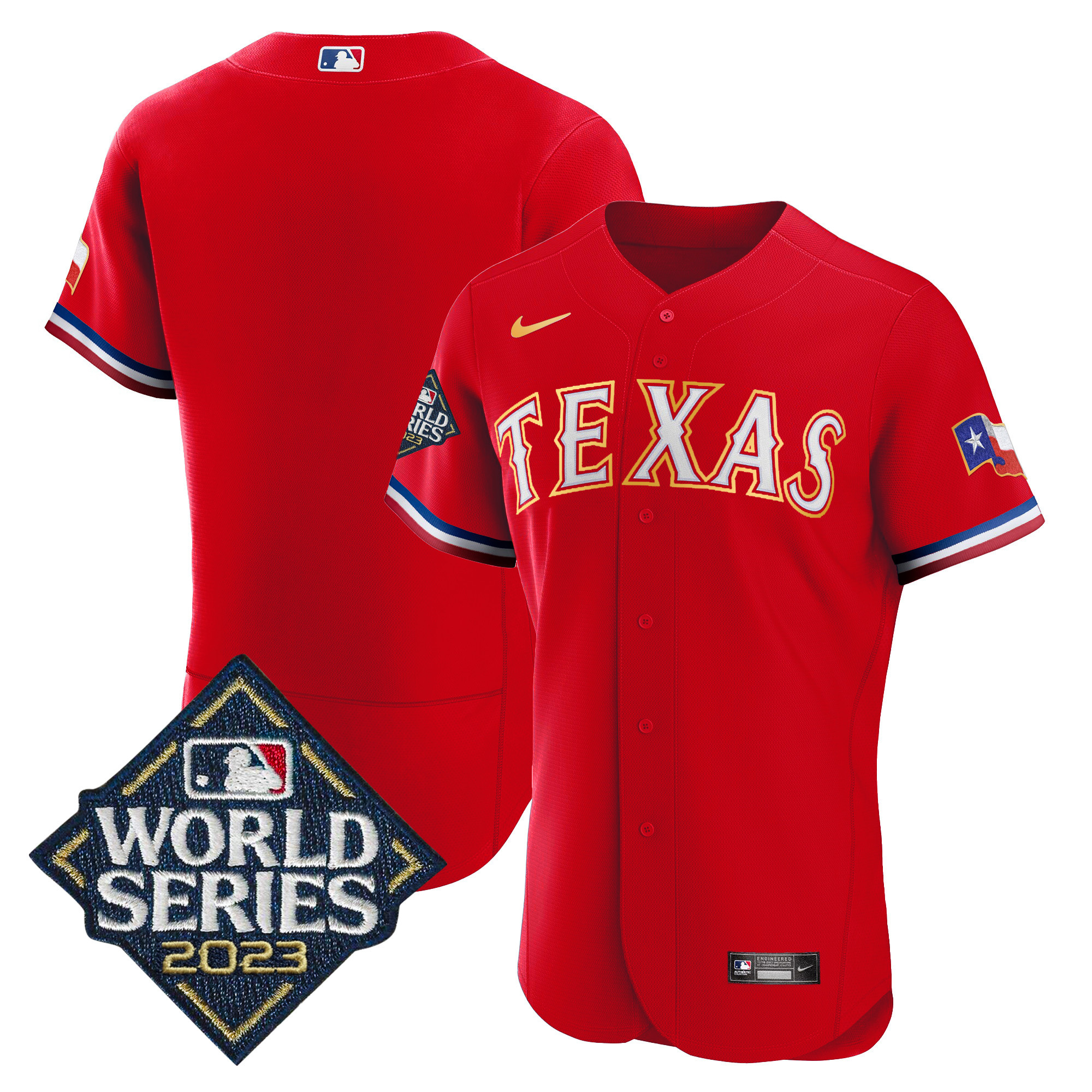 Team Men's Texas Rangers 2023 World Series Flex Base Gold Trim Red Jersey - All Stitched