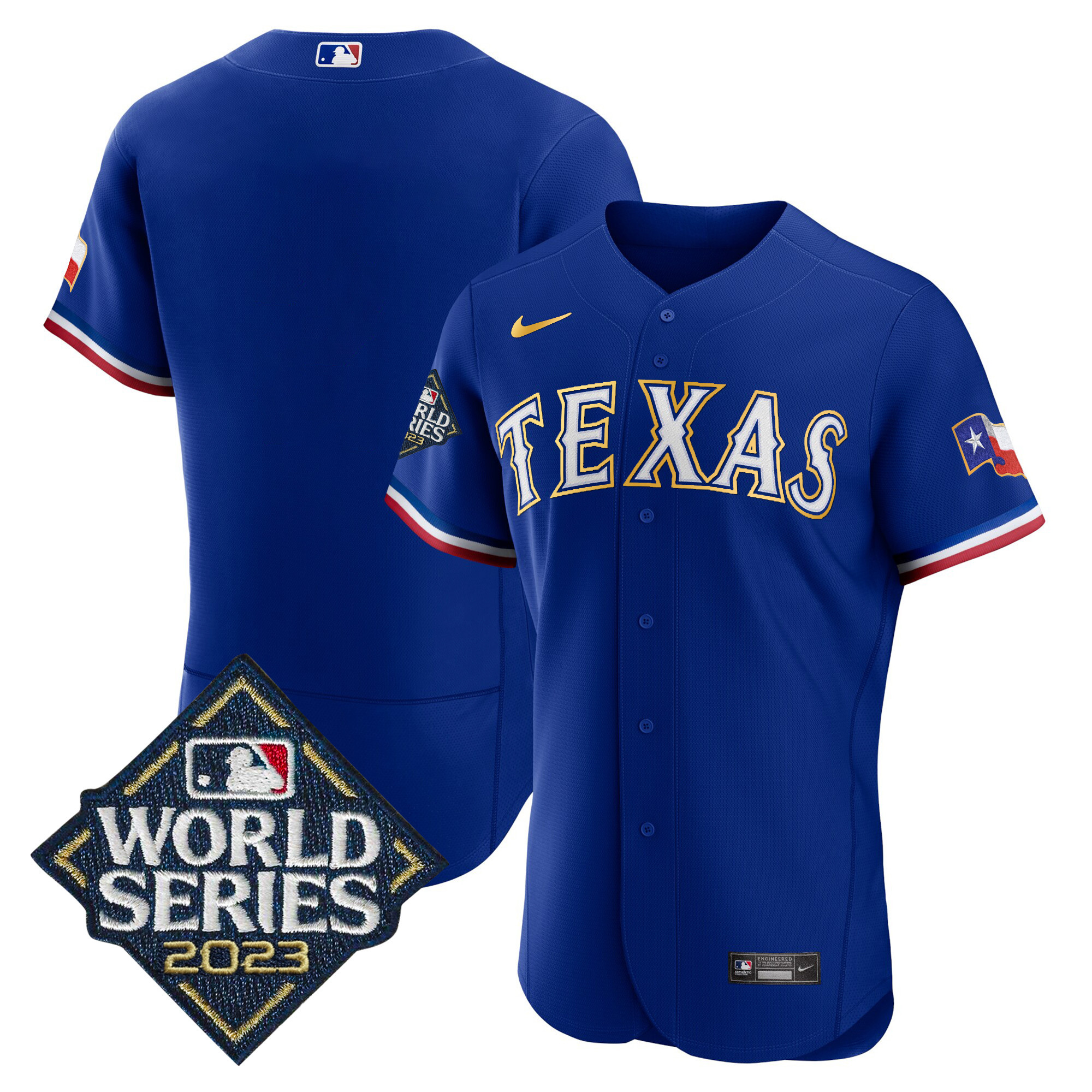 Team Men's Texas Rangers 2023 World Series Flex Base Gold Trim Royal Jersey - All Stitched