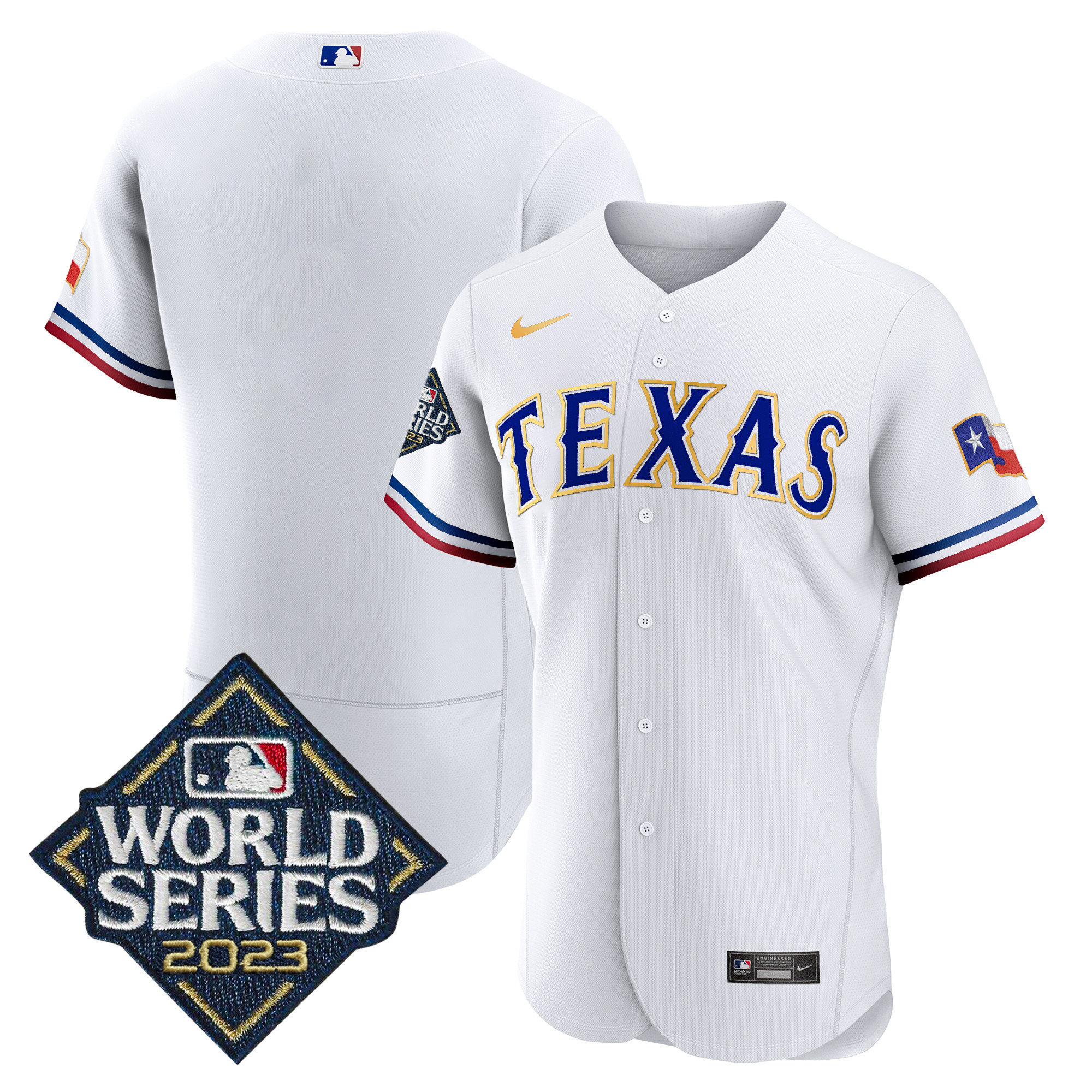 Team Men's Texas Rangers 2023 World Series Flex Base Gold Trim White Jersey - All Stitched
