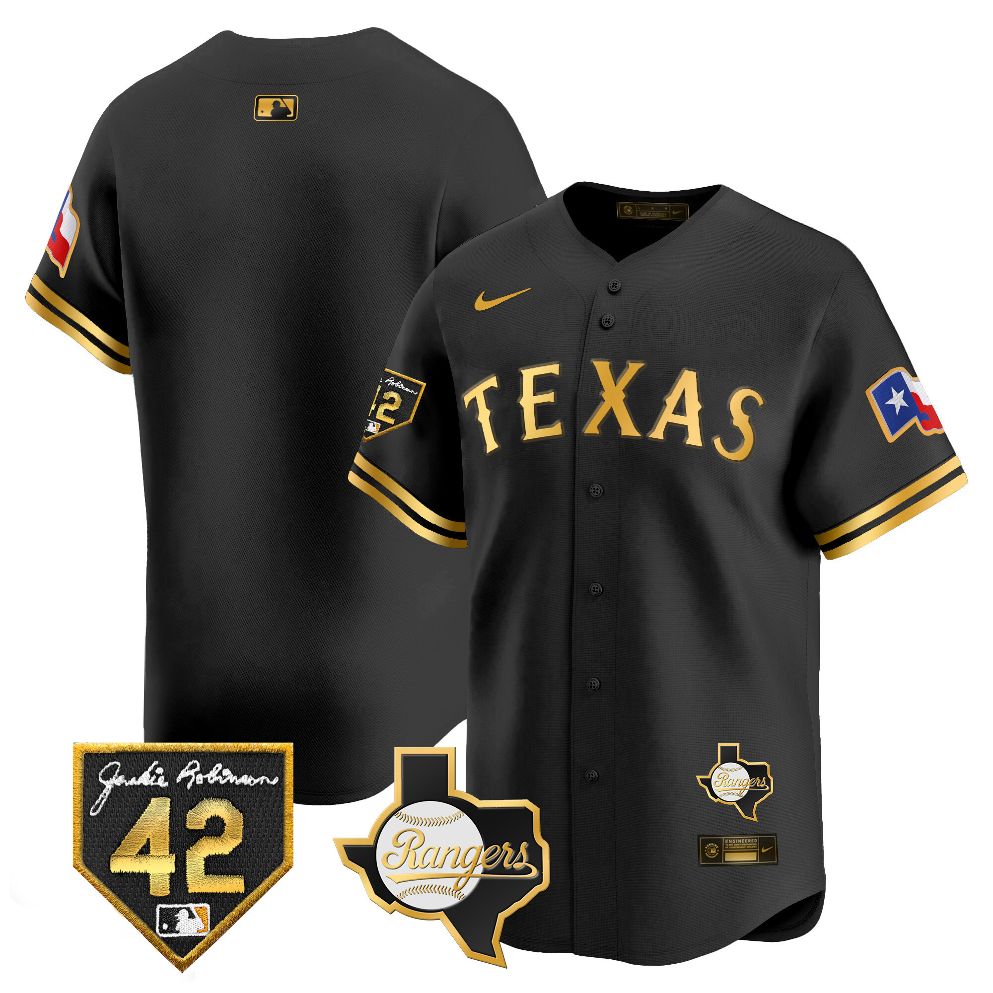 Team Men's Texas Rangers 2024 Jackie Robinson Patch Vapor Premier Limited Black Gold Jersey - All Stitched