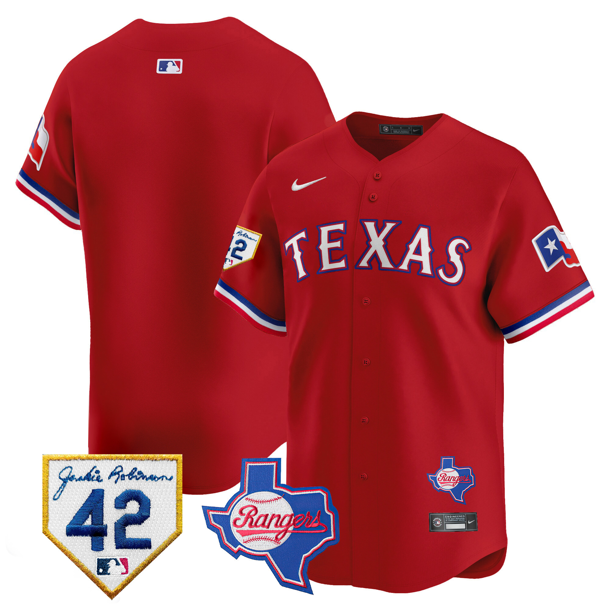 Team Men's Texas Rangers 2024 Jackie Robinson Patch Vapor Premier Limited Red Jersey - All Stitched