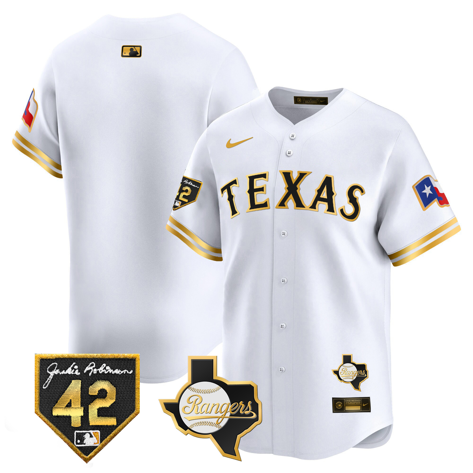 Team Men's Texas Rangers 2024 Jackie Robinson Patch Vapor Premier Limited White Gold Jersey - All Stitched