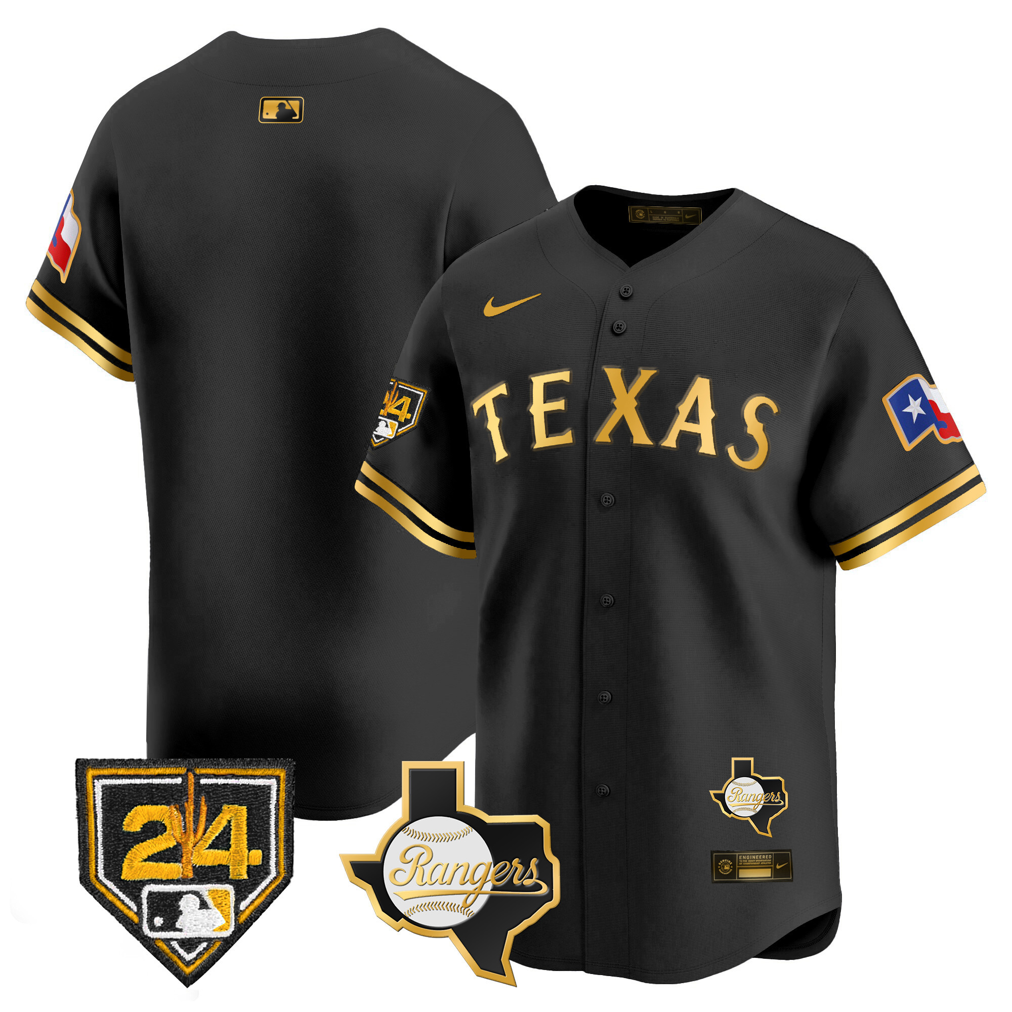 Team Men's Texas Rangers 2024 Spring Training Patch Vapor Premier Limited Black Gold Jersey - All Stitched
