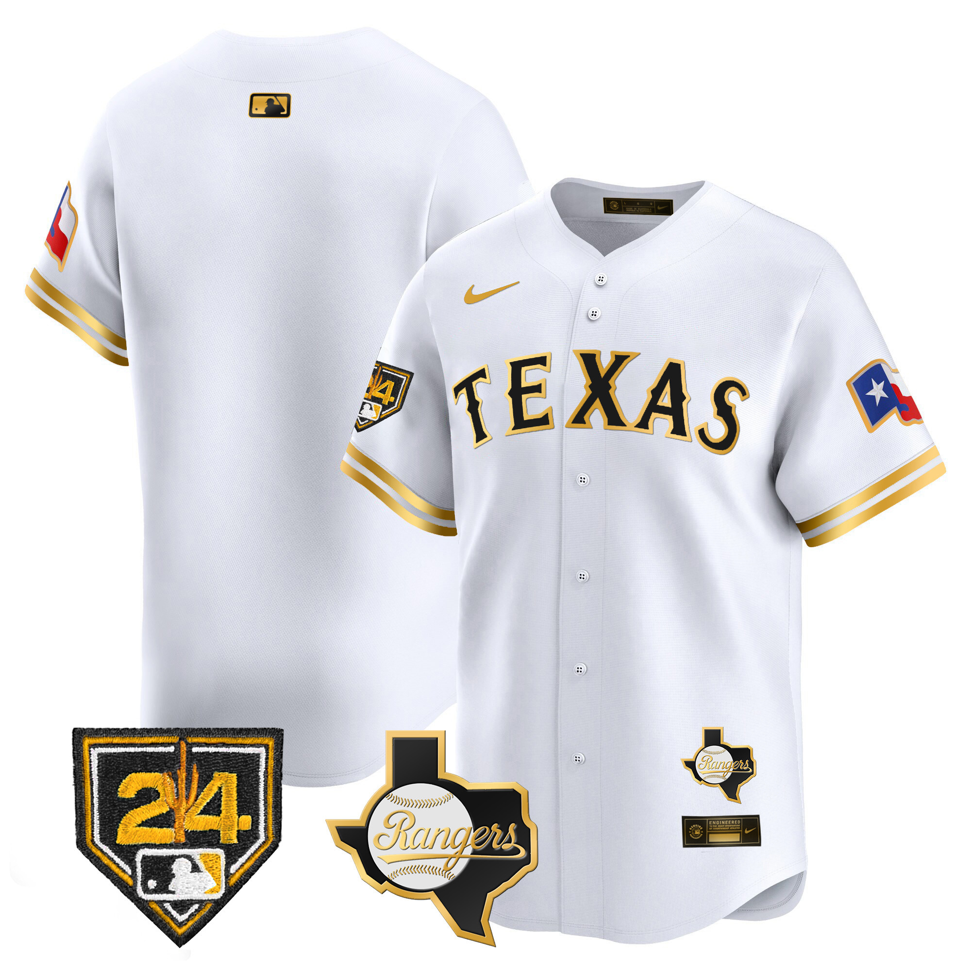 Team Men's Texas Rangers 2024 Spring Training Patch Vapor Premier Limited White Gold Jersey - All Stitched
