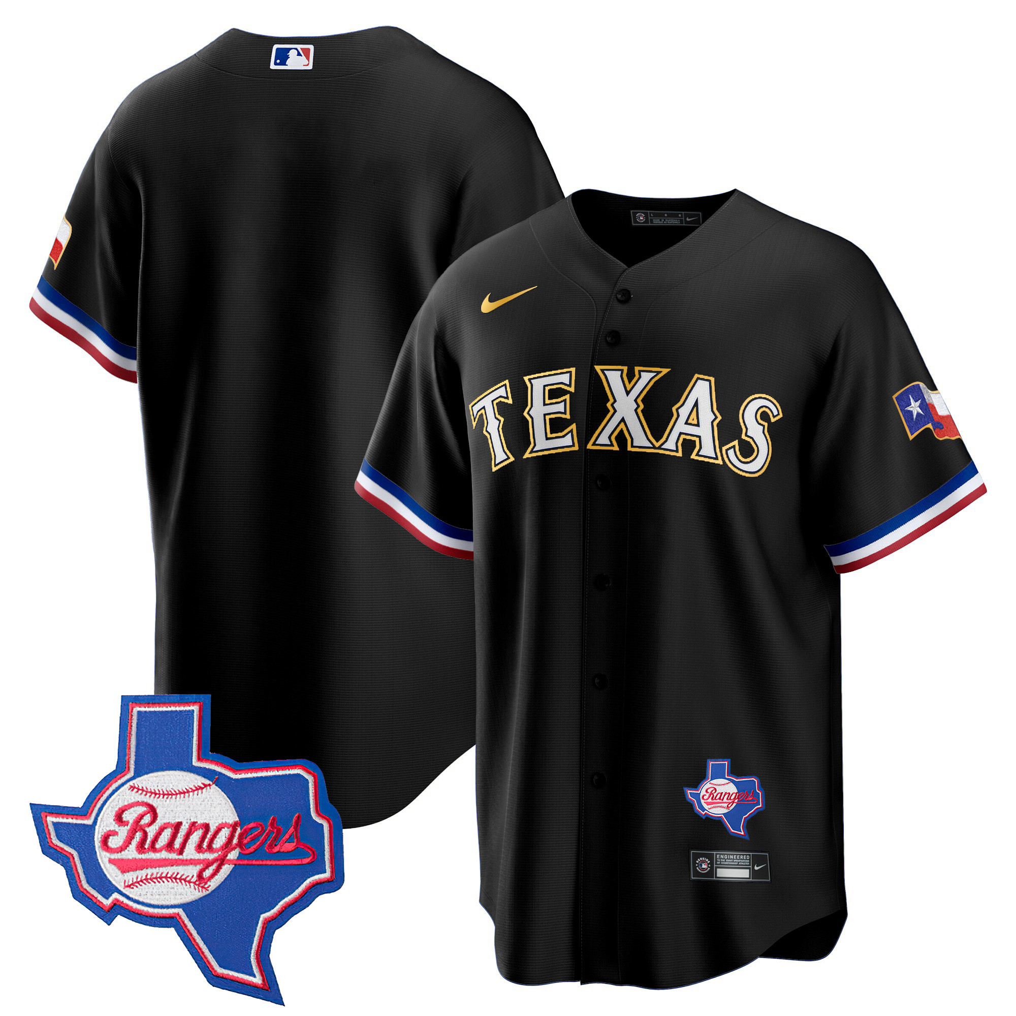 Team Men's Texas Rangers Gold Trim Cool Base - Texas Patch Black Jersey - All Stitched