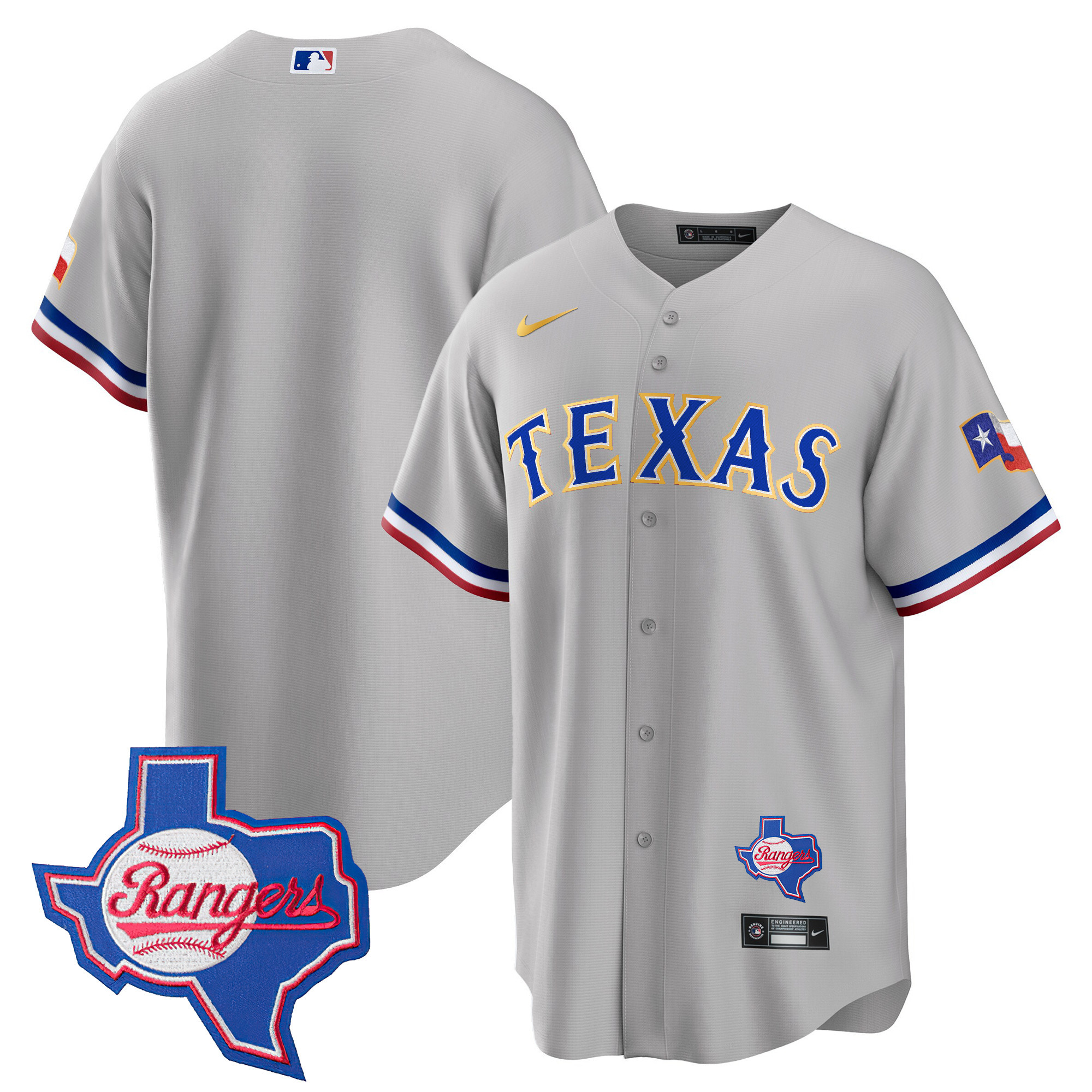 Team Men's Texas Rangers Gold Trim Cool Base - Texas Patch Gray Jersey - All Stitched
