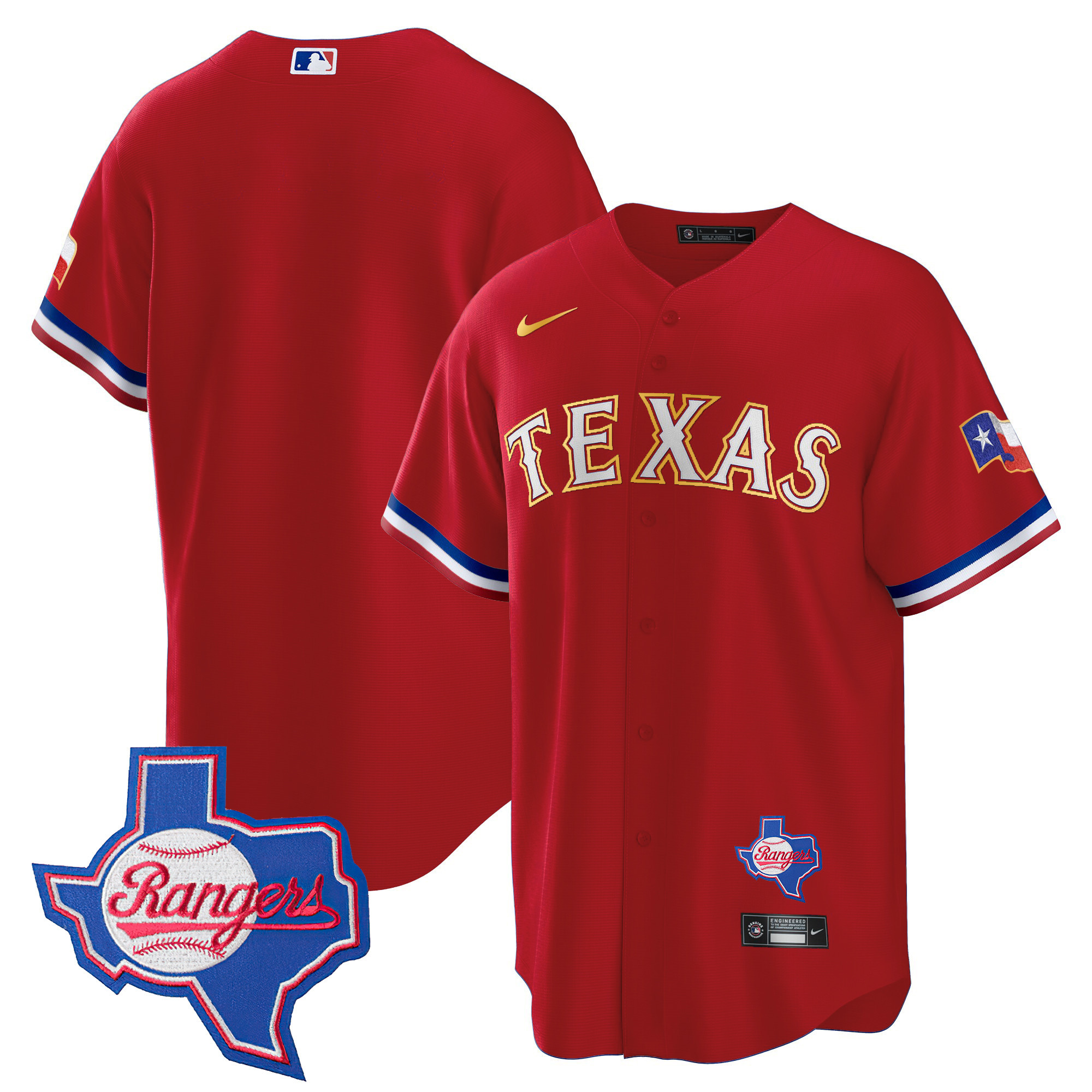 Team Men's Texas Rangers Gold Trim Cool Base - Texas Patch Red Jersey - All Stitched