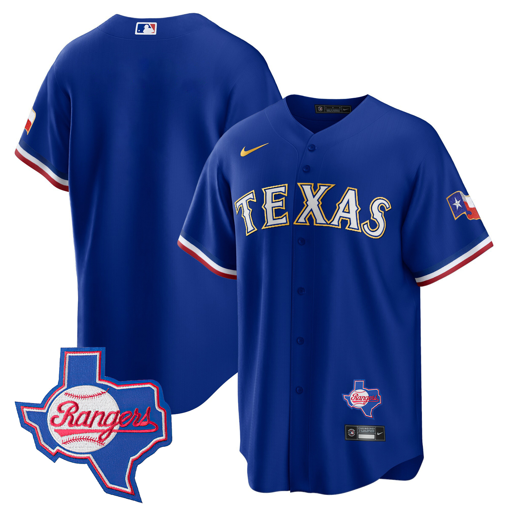 Team Men's Texas Rangers Gold Trim Cool Base - Texas Patch Royal Jersey - All Stitched
