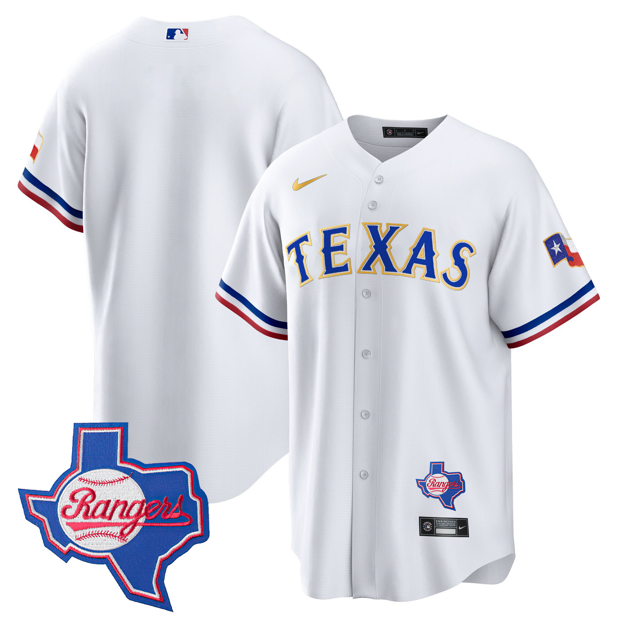 Team Men's Texas Rangers Gold Trim Cool Base - Texas Patch White Jersey - All Stitched