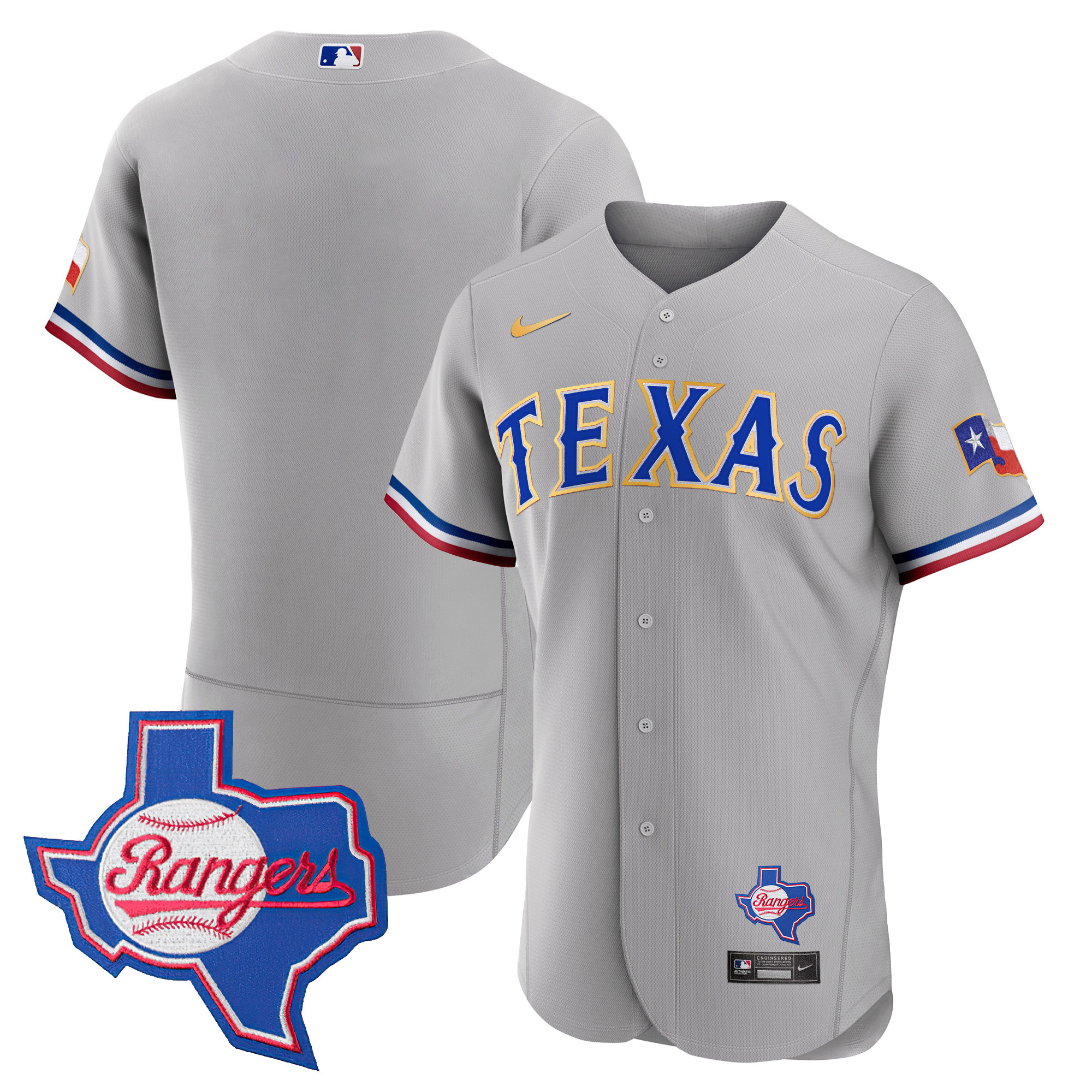Team Men's Texas Rangers Gold Trim Flex Base - Texas Patch Gray Jersey - All Stitched