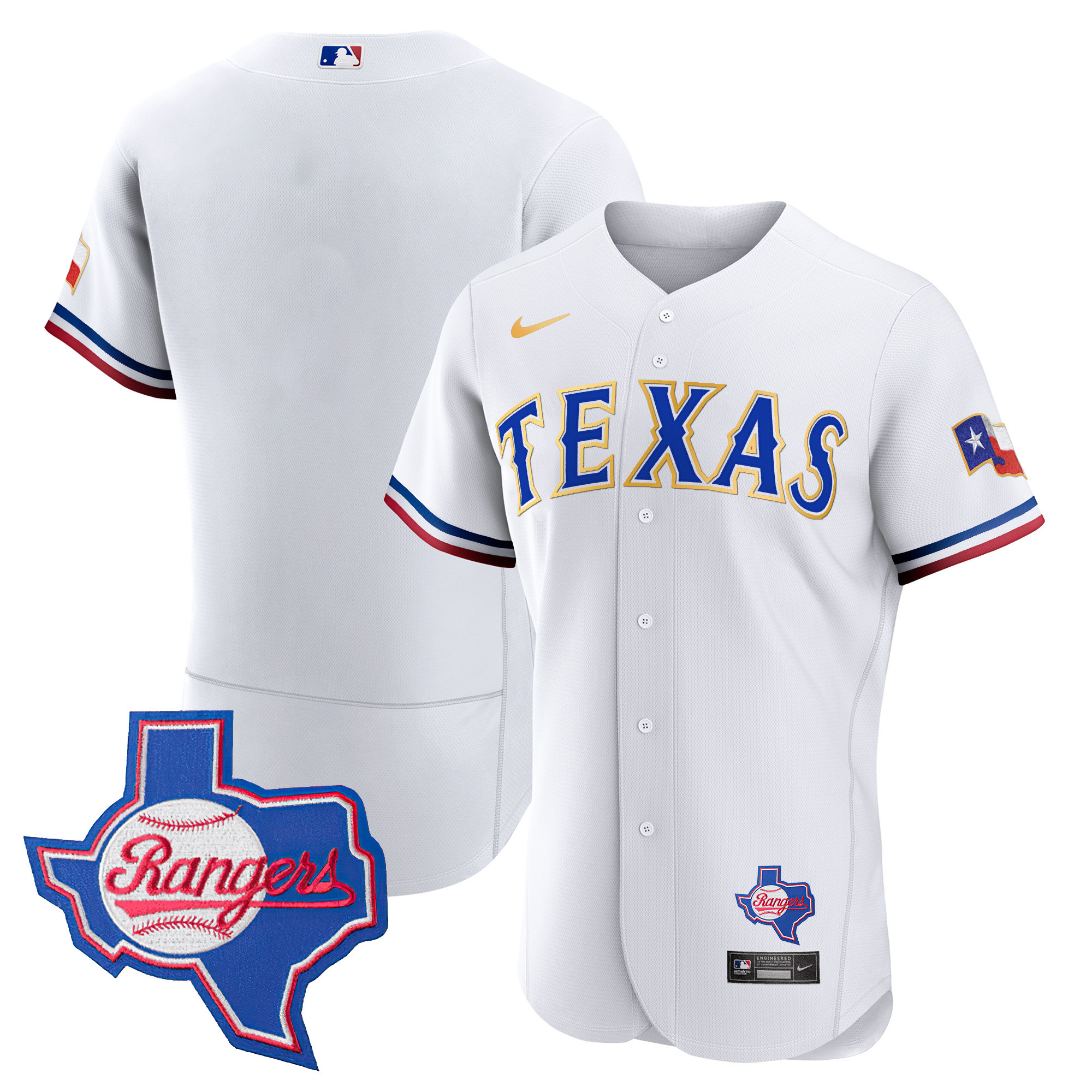 Team Men's Texas Rangers Gold Trim Flex Base - Texas Patch White Jersey - All Stitched