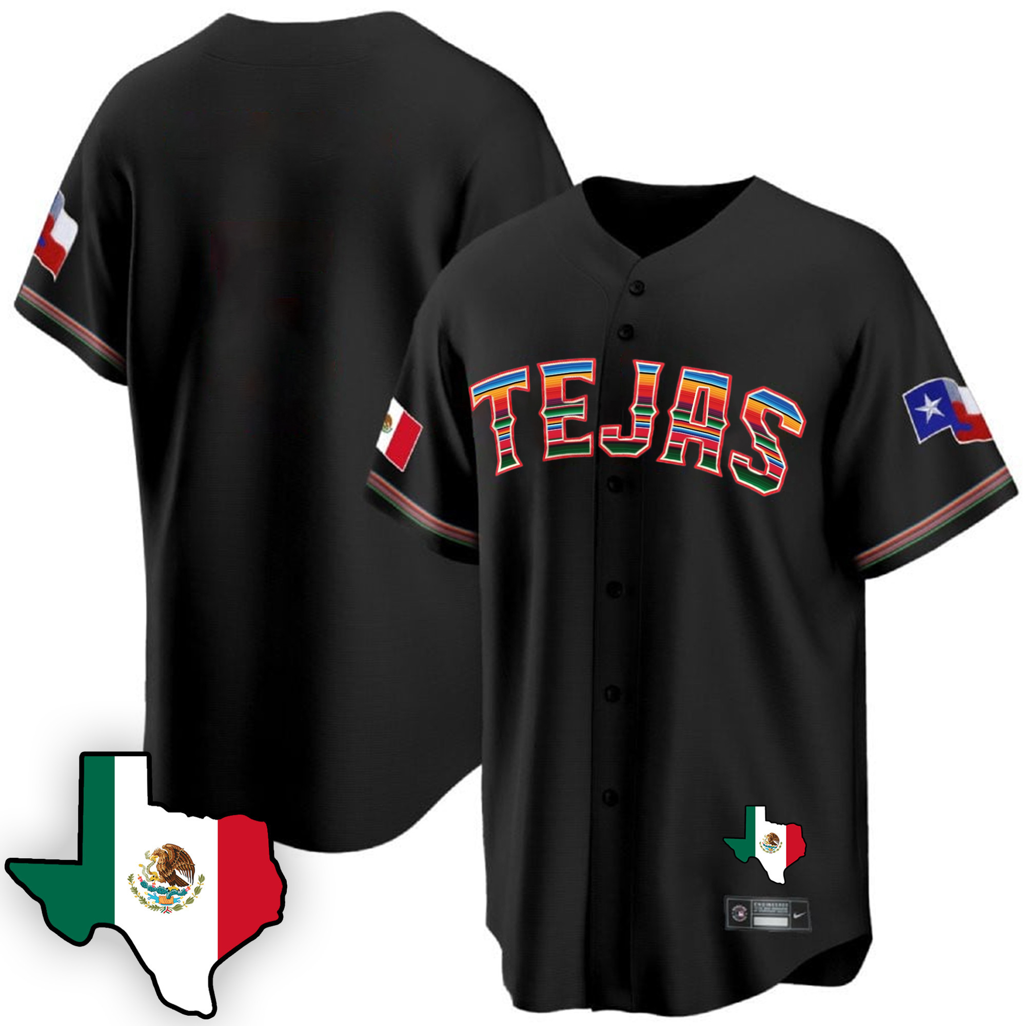 Team Men's Texas Rangers Mexican Cool Base V3 Black Jersey - All Stitched
