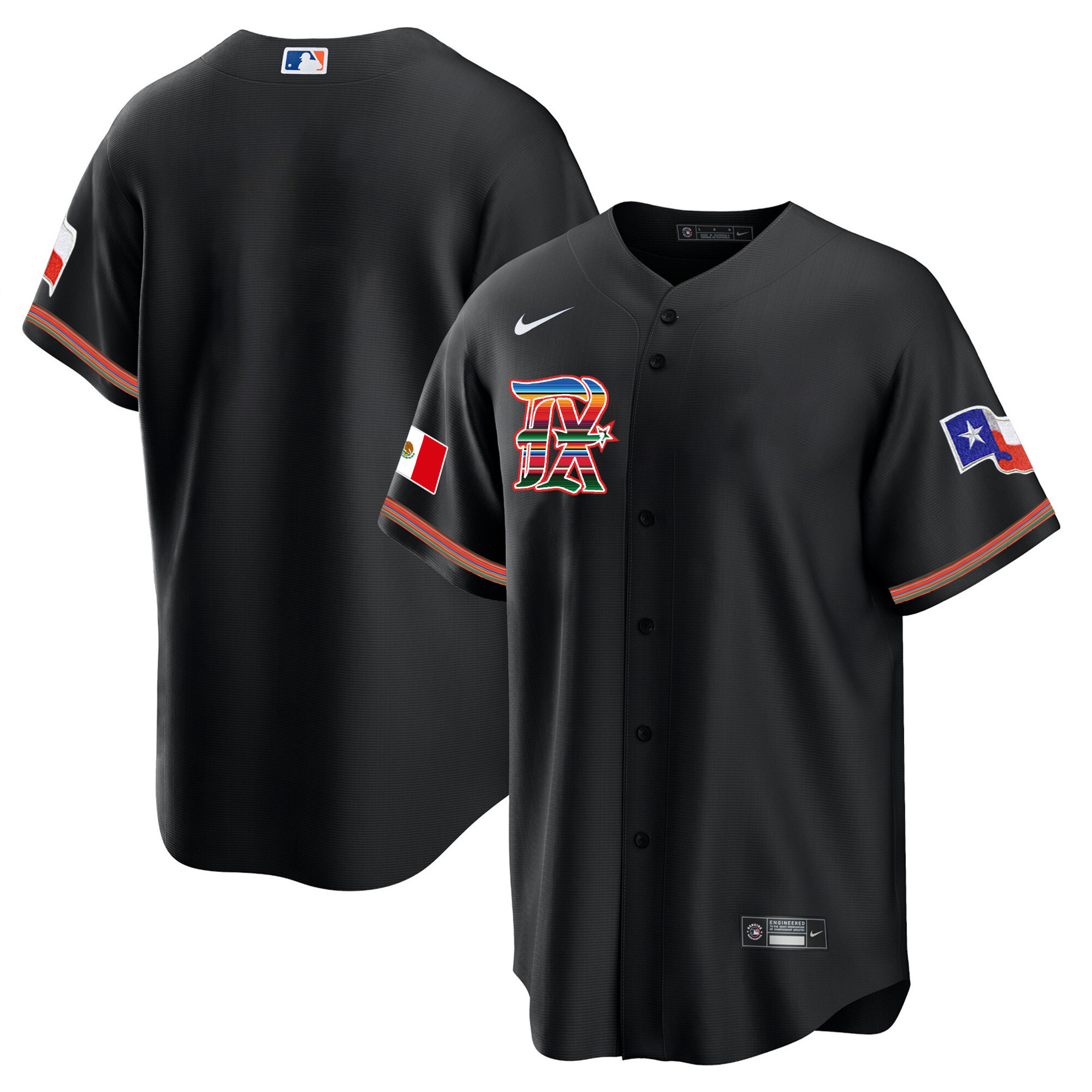 Team Men's Texas Rangers Mexican Heritage Night Cool Base - City Connect Black Jersey - All Stitched