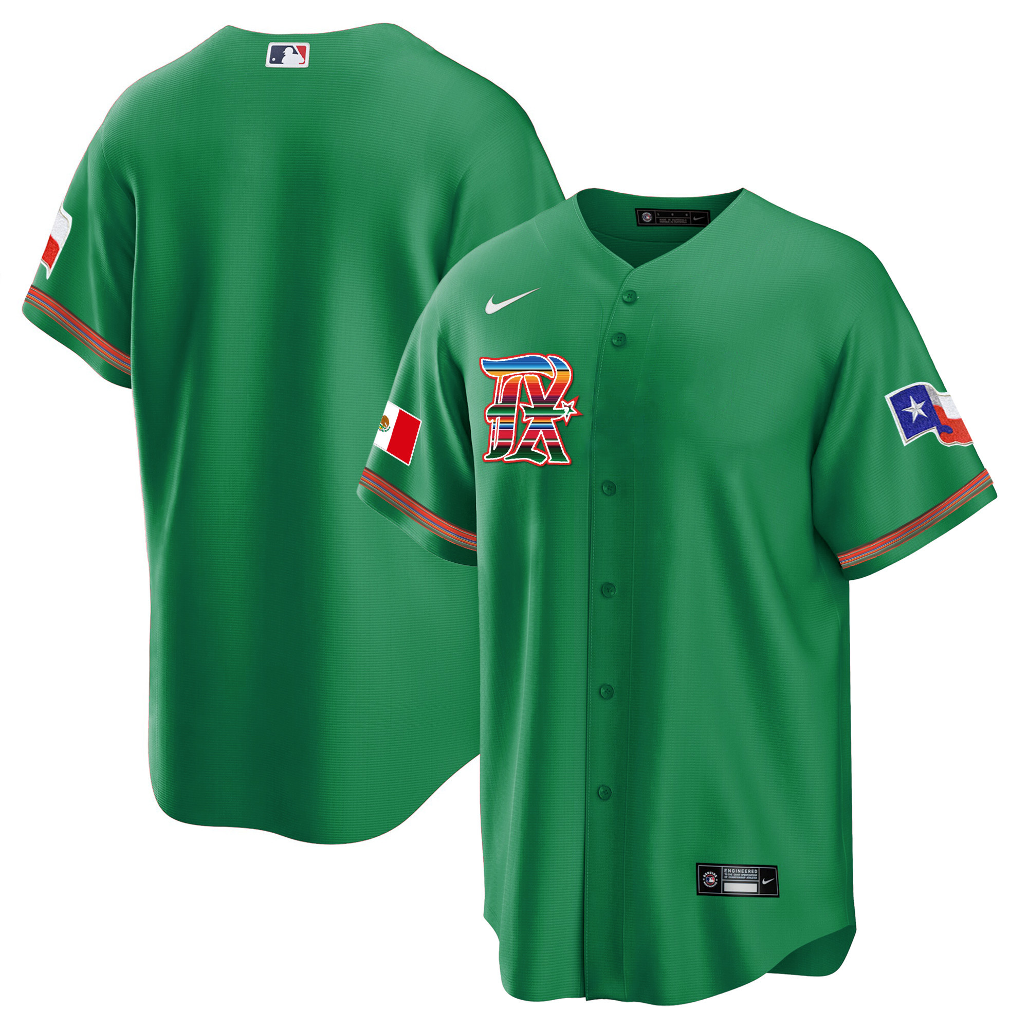 Team Men's Texas Rangers Mexican Heritage Night Cool Base - City Connect Green Jersey - All Stitched