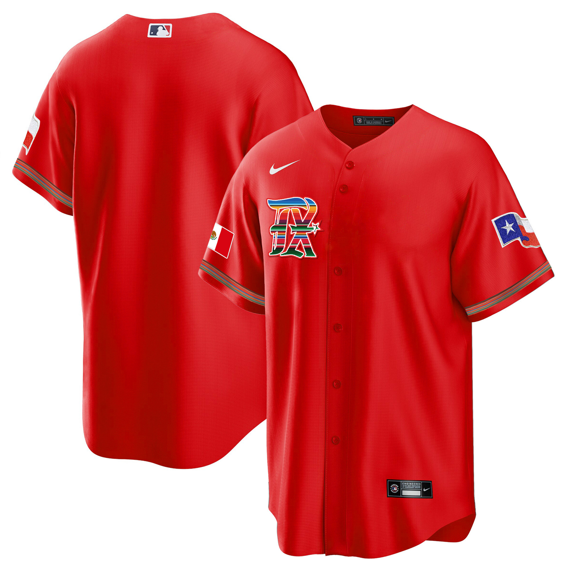 Team Men's Texas Rangers Mexican Heritage Night Cool Base - City Connect Red Jersey - All Stitched
