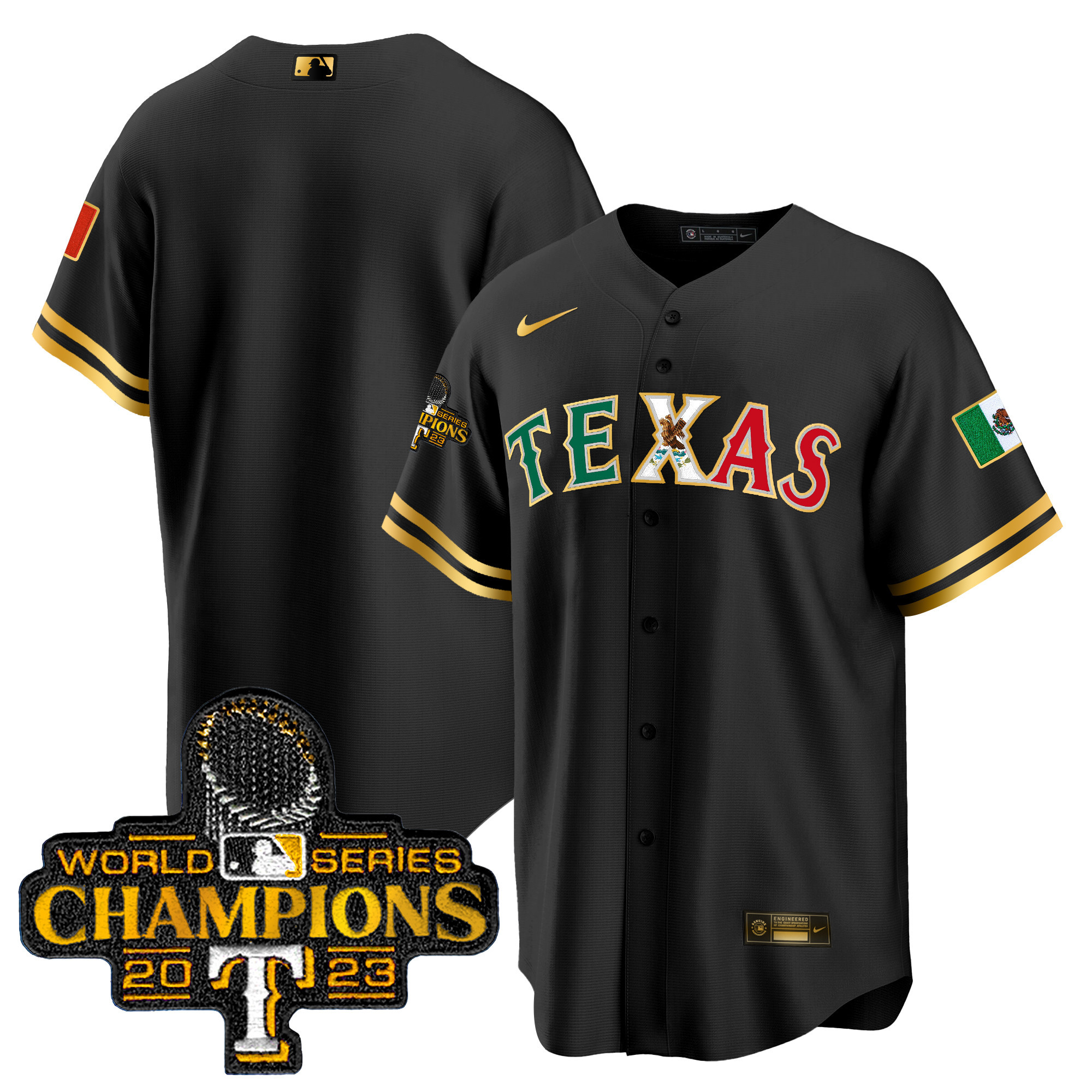 Team Men's Texas Rangers Mexico 2023 World Series Champions Baseball Black Gold Jersey - All Stitched