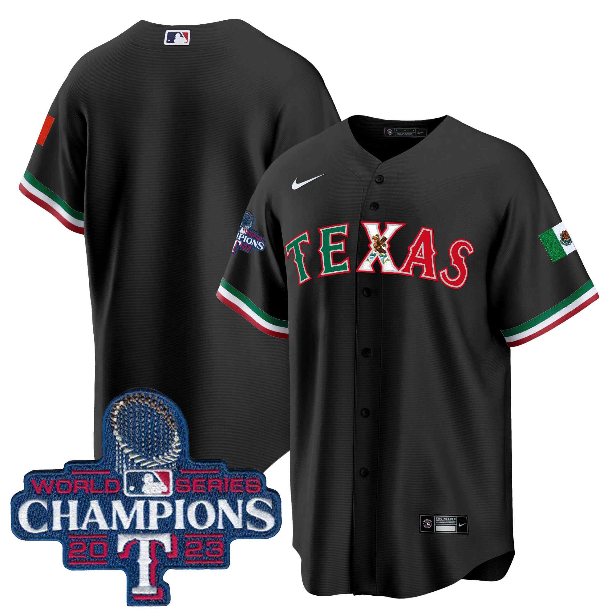 Team Men's Texas Rangers Mexico 2023 World Series Champions Baseball V2 Black Jersey - All Stitched