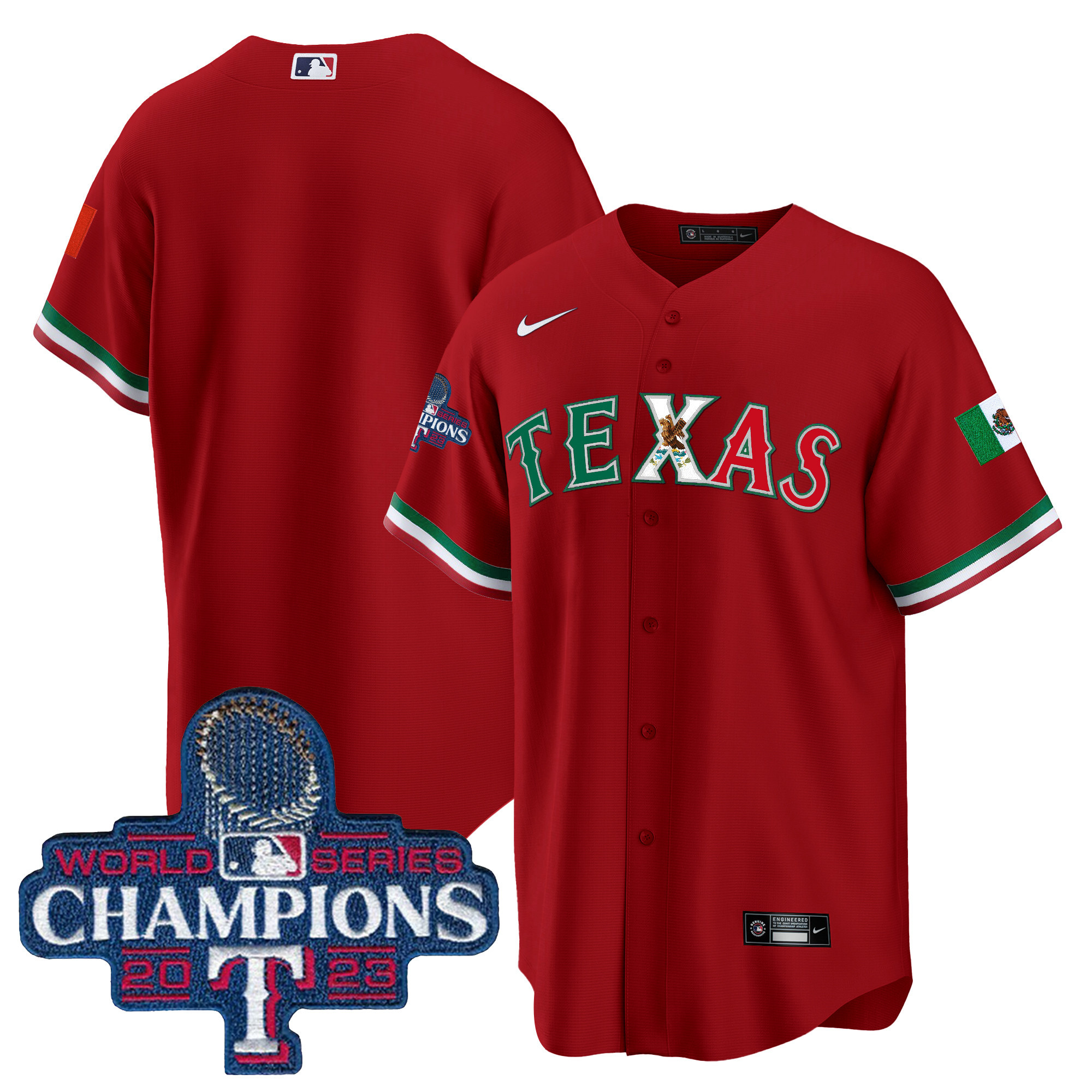 Team Men's Texas Rangers Mexico 2023 World Series Champions Baseball V2 Red Jersey - All Stitched
