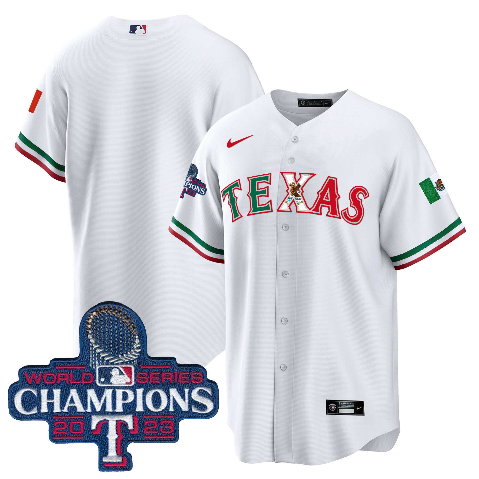 Team Men's Texas Rangers Mexico 2023 World Series Champions Baseball V2 White Jersey - All Stitched