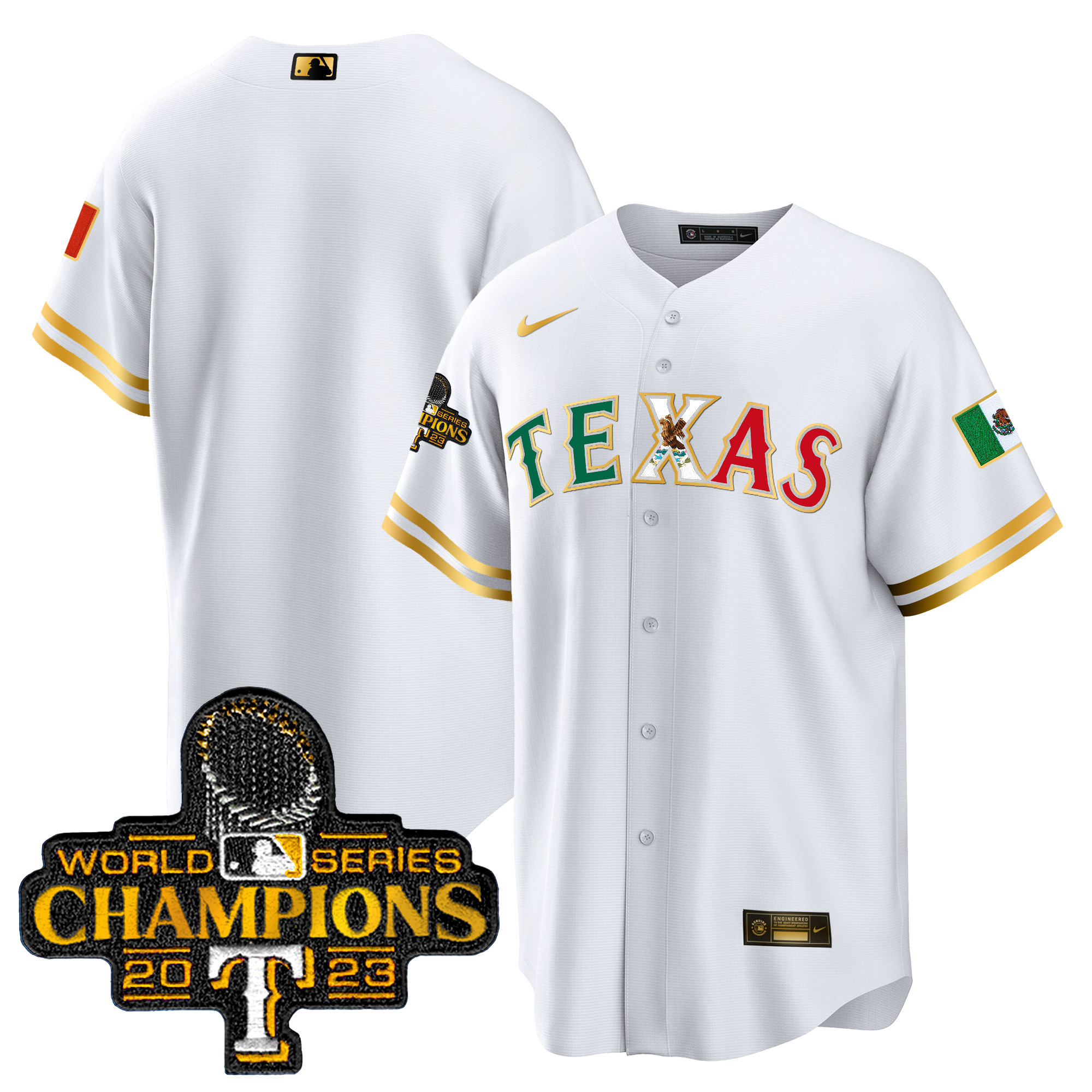 Team Men's Texas Rangers Mexico 2023 World Series Champions Baseball White Gold Jersey - All Stitched