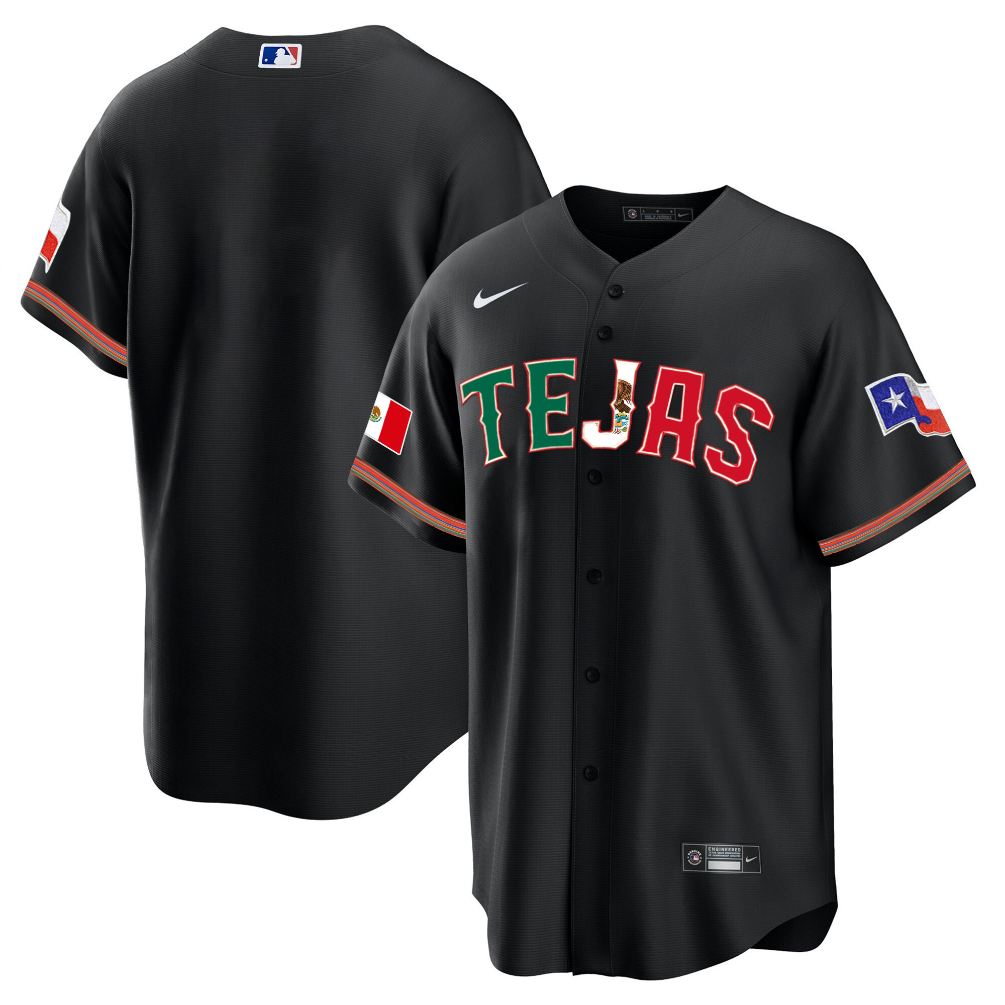 Team Men's Texas Rangers Mexico Flag Black Jersey - All Stitched