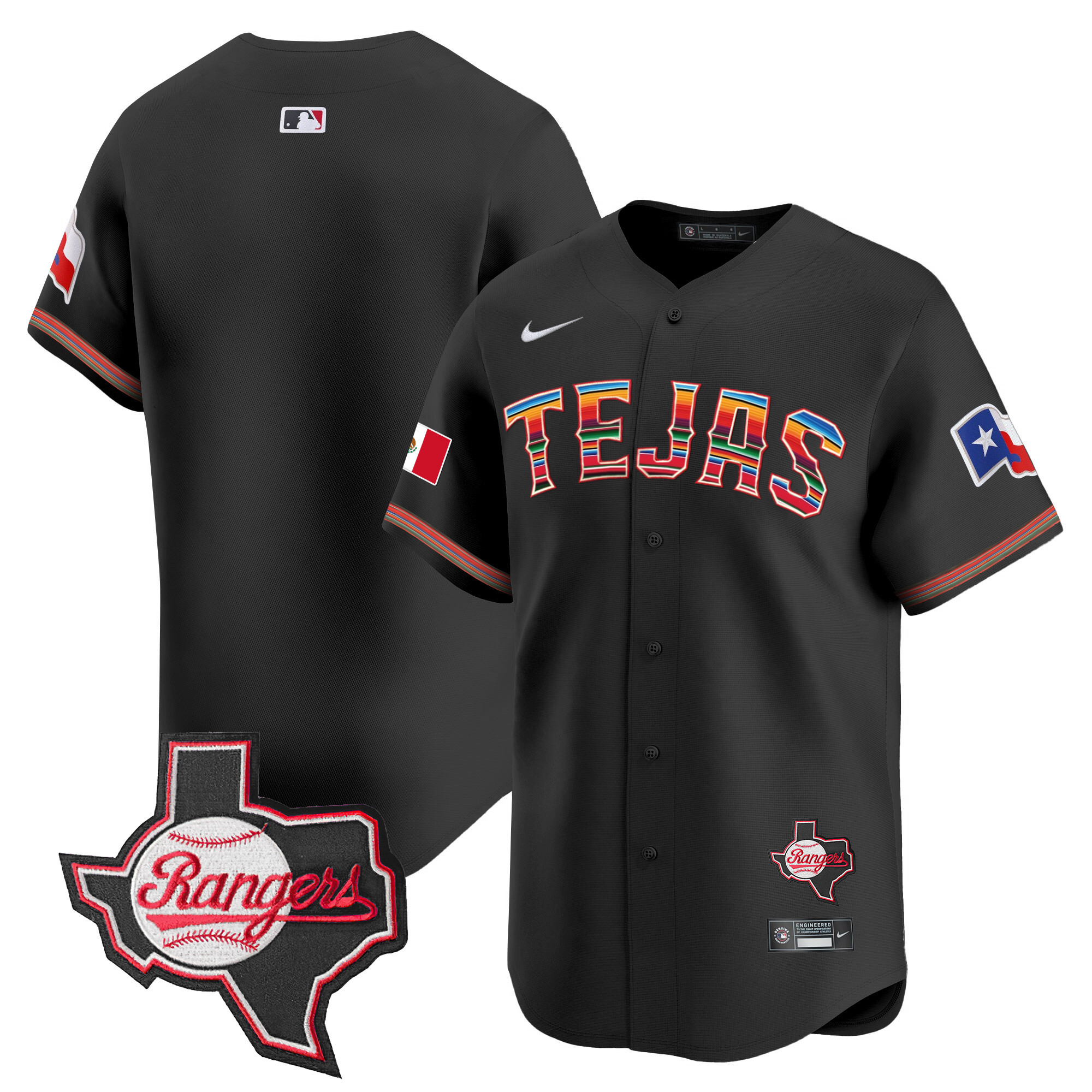 Team Men's Texas Rangers Mexico Texas Patch Vapor Premier Limited Black Jersey - All Stitched