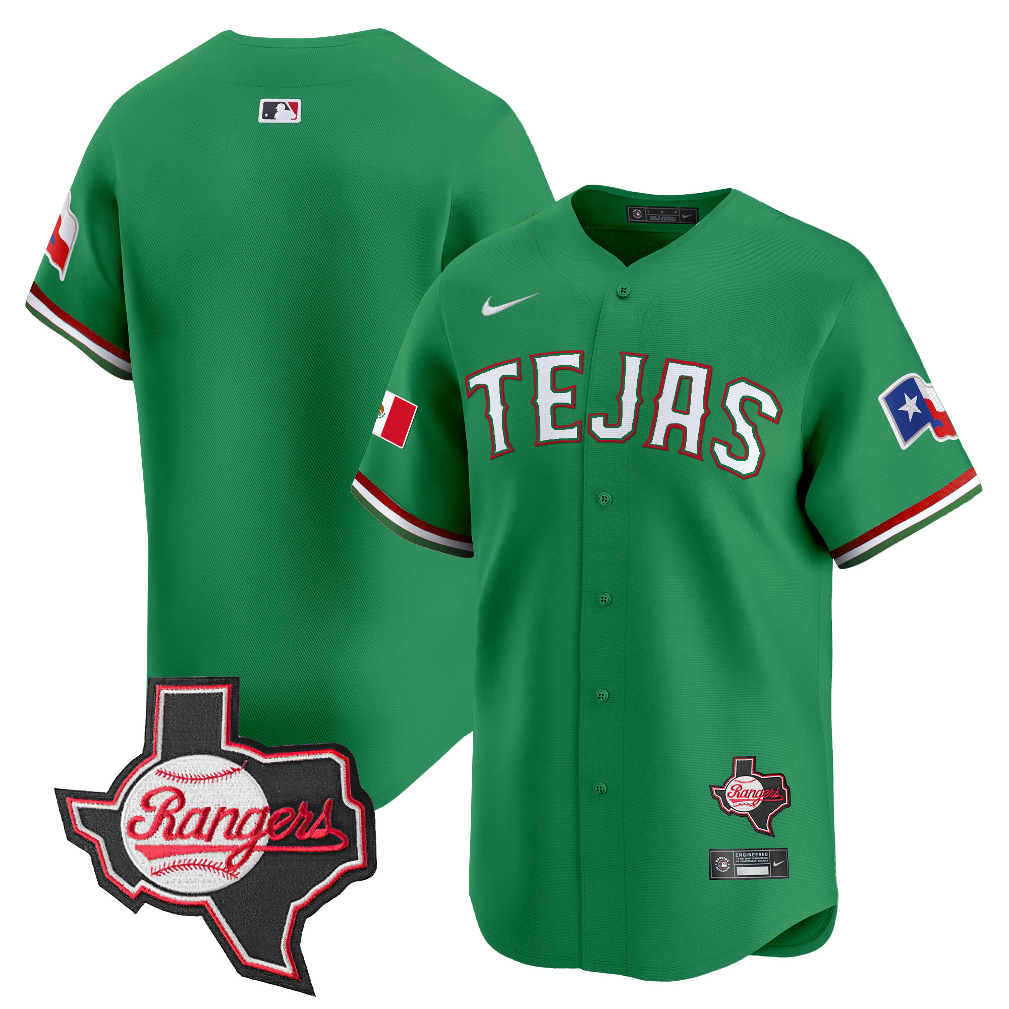 Team Men's Texas Rangers Mexico Texas Patch Vapor Premier Limited Green Jersey - All Stitched
