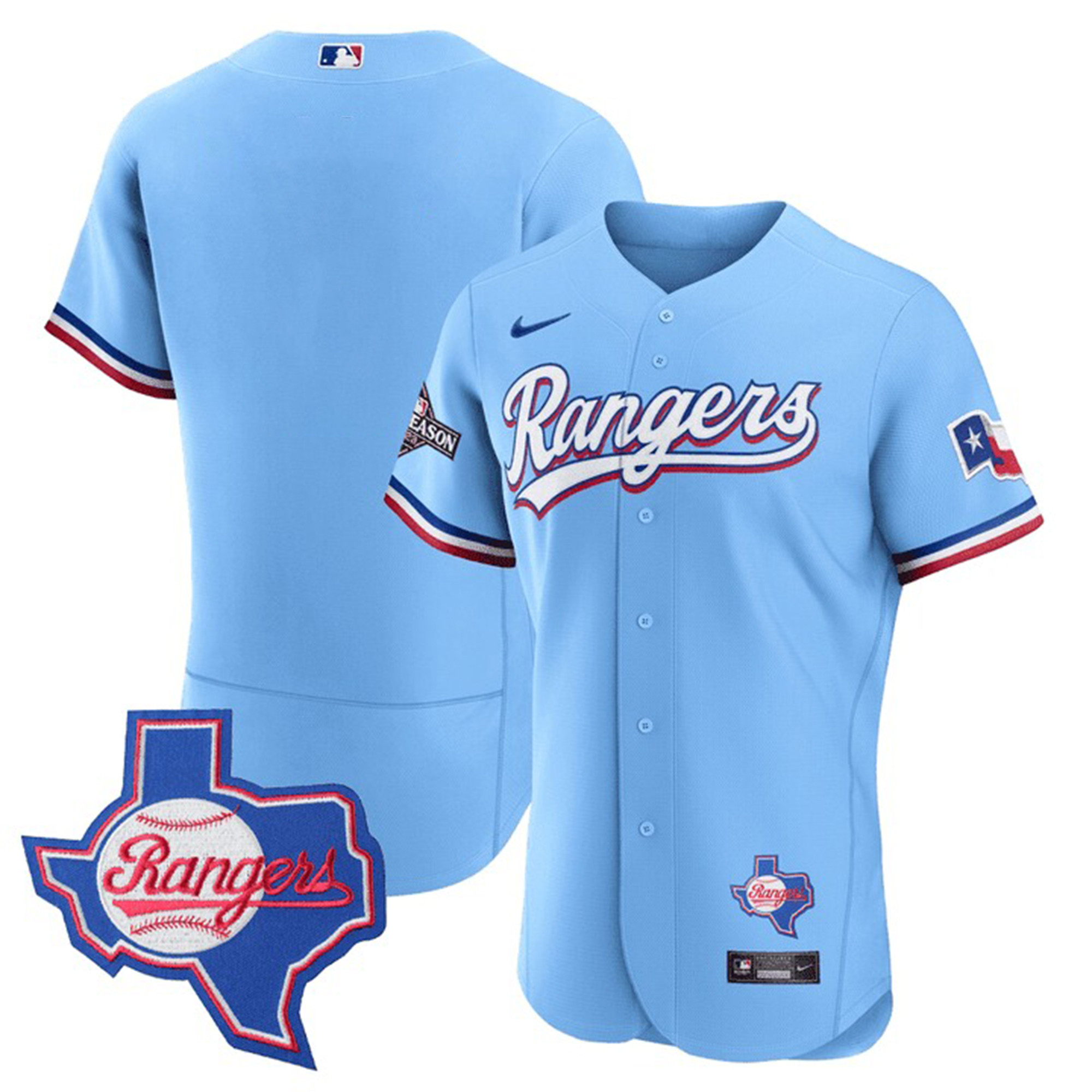 Team Men's Texas Rangers Texas State Patch Blue Jersey - All Stitched