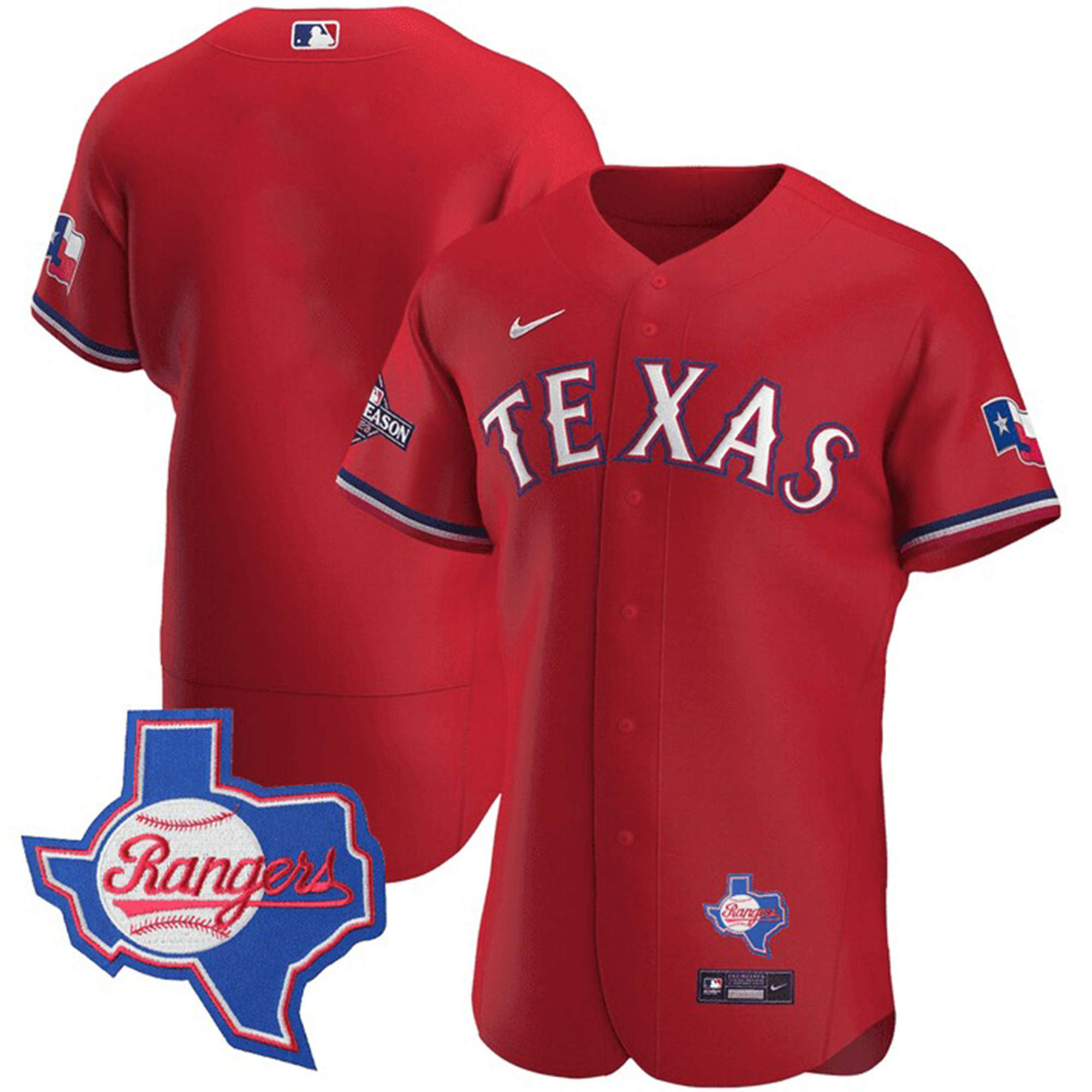 Team Men's Texas Rangers Texas State Patch Red Jersey - All Stitched