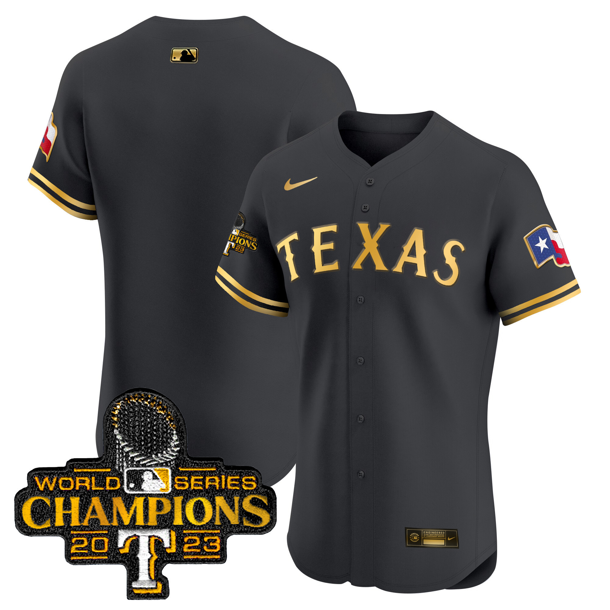 Team Men's Texas Rangers World Series Champions Vapor Premier Elite Black Gold Jersey - All Stitched