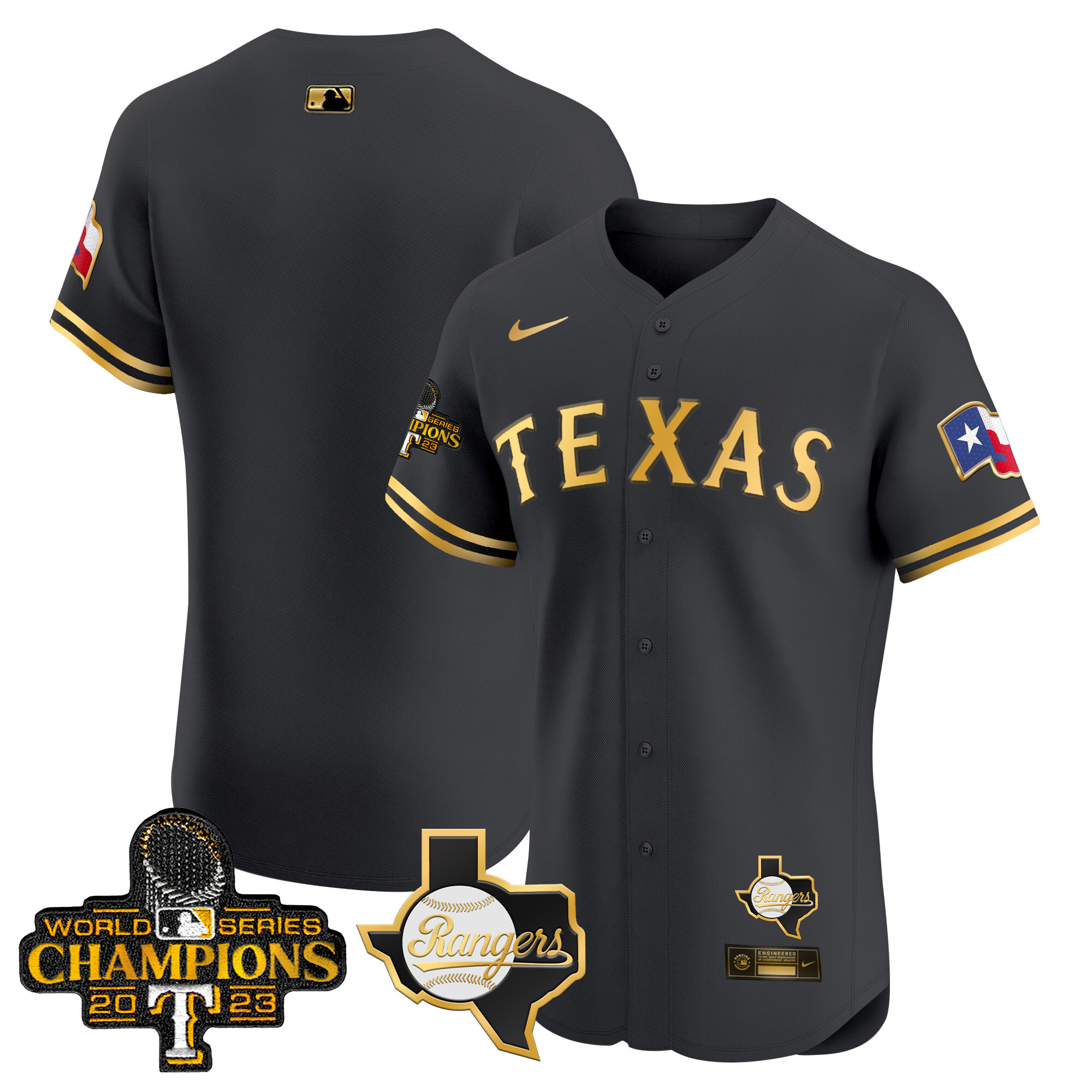 Team Men's Texas Rangers World Series Champions Vapor Premier Elite V2 Black Gold Jersey - All Stitched