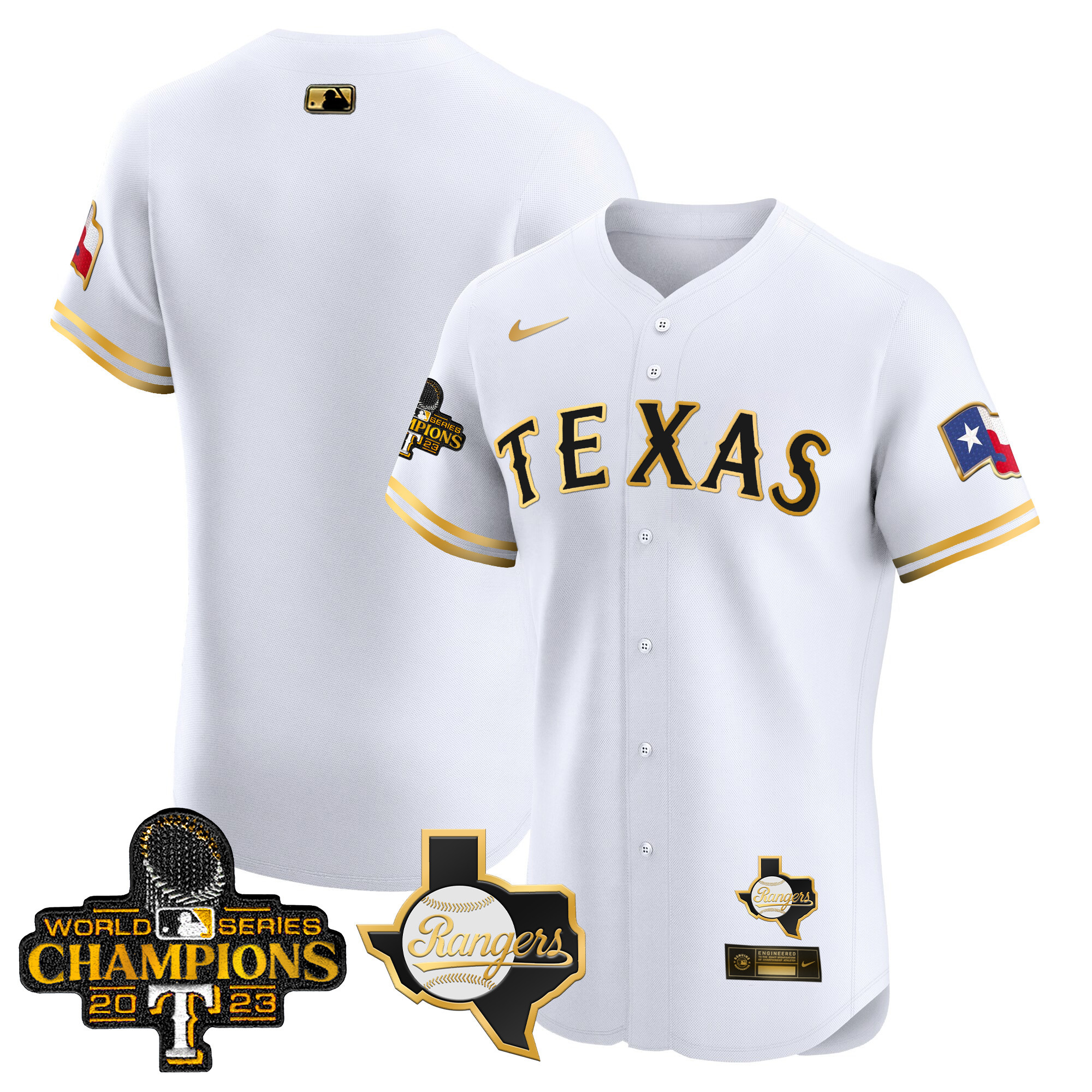 Team Men's Texas Rangers World Series Champions Vapor Premier Elite V2 White Gold Jersey - All Stitched