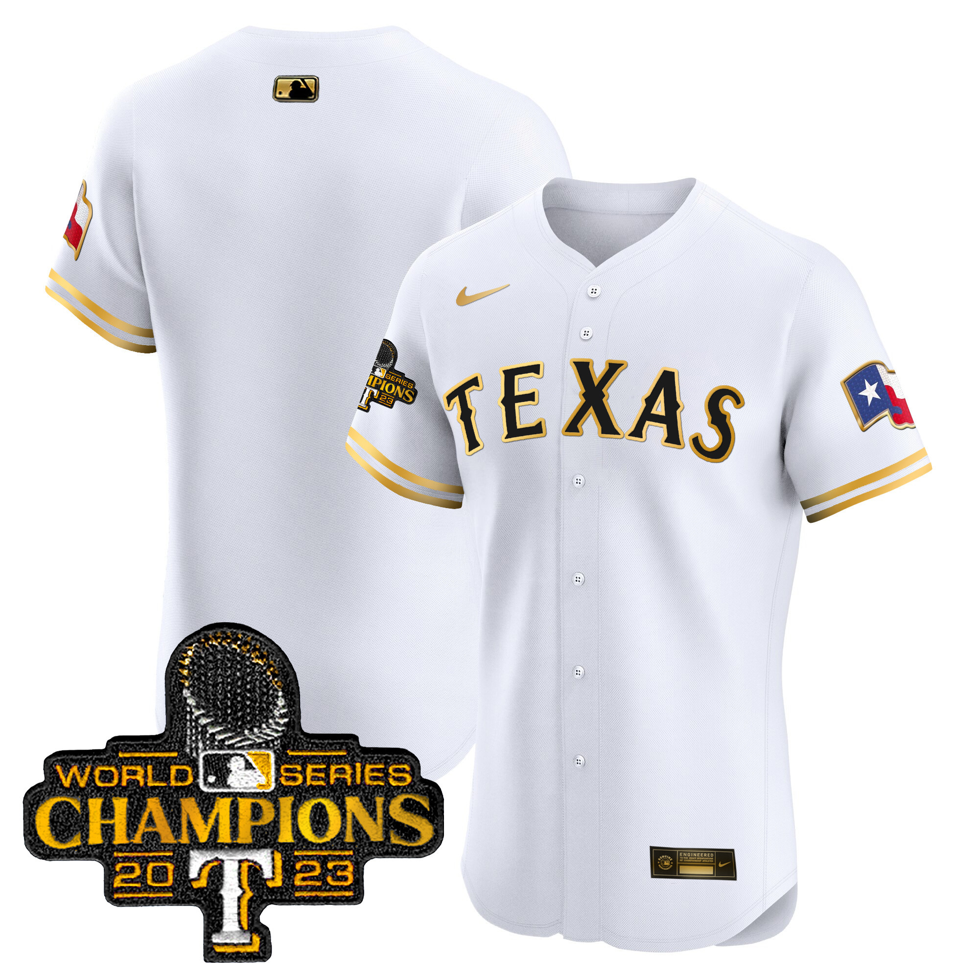 Team Men's Texas Rangers World Series Champions Vapor Premier Elite White Gold Jersey - All Stitched