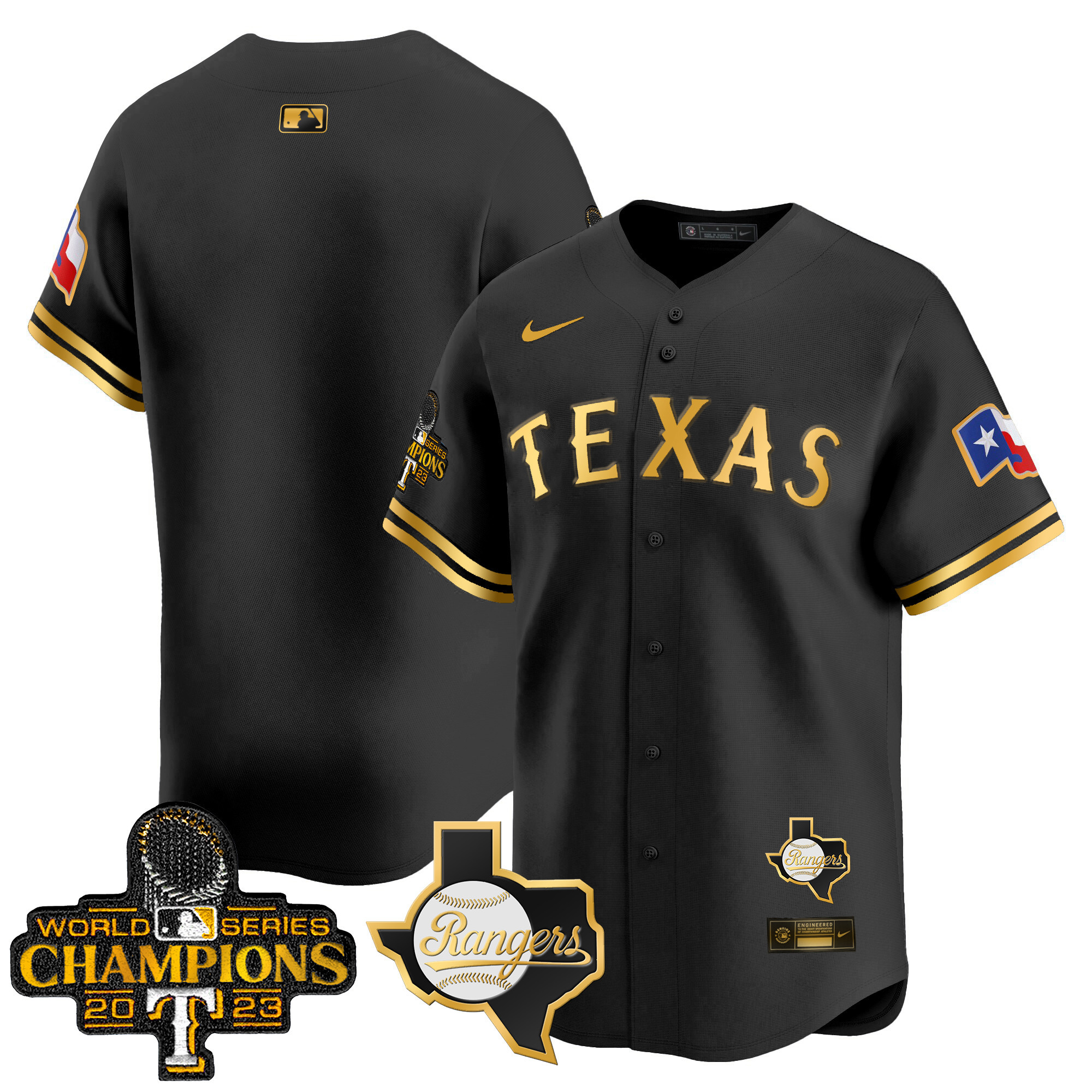 Team Men's Texas Rangers World Series Champions Vapor Premier Limited V2 Black Gold Jersey - All Stitched
