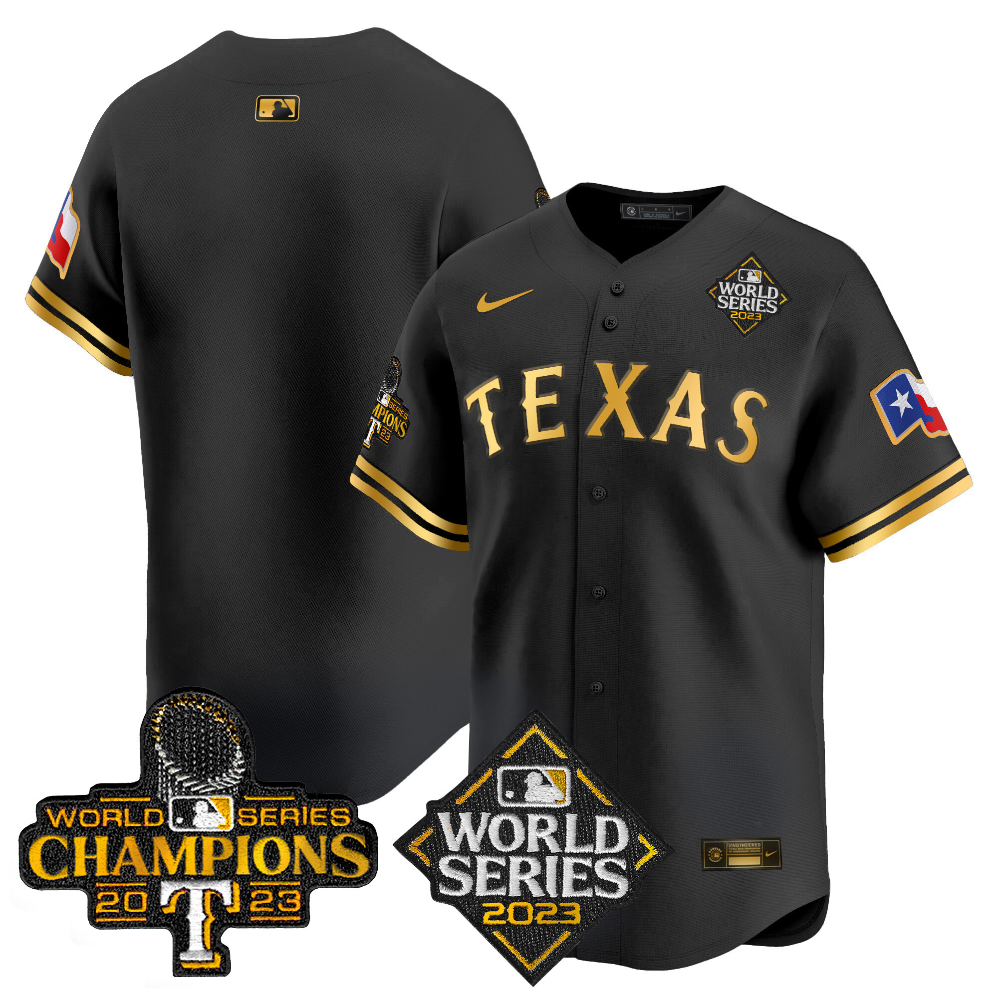 Team Men's Texas Rangers World Series Champions Vapor Premier Limited V4 Black Gold Jersey - All Stitched