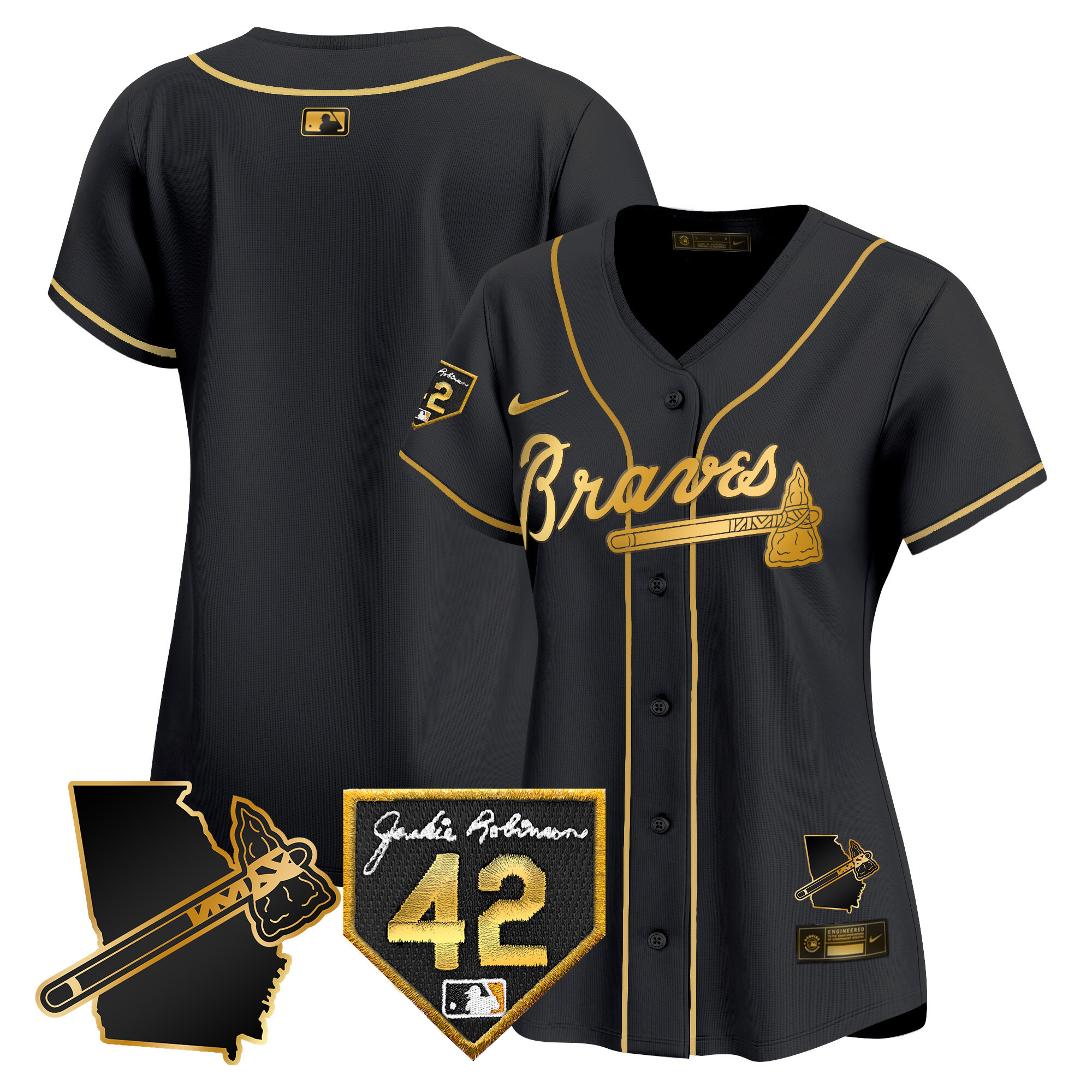Team Women's Atlanta Braves 2024 Robinson & Georgia Patch Vapor Premier Limited Black Gold Jersey - All Stitched