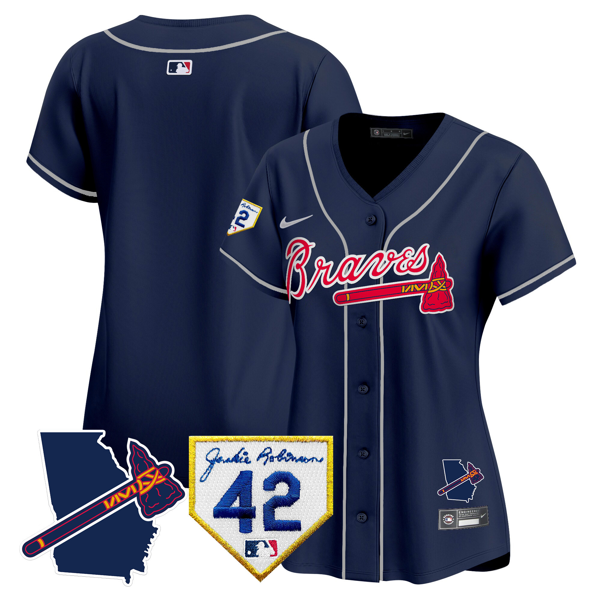 Team Women's Atlanta Braves 2024 Robinson & Georgia Patch Vapor Premier Limited Navy Jersey - All Stitched