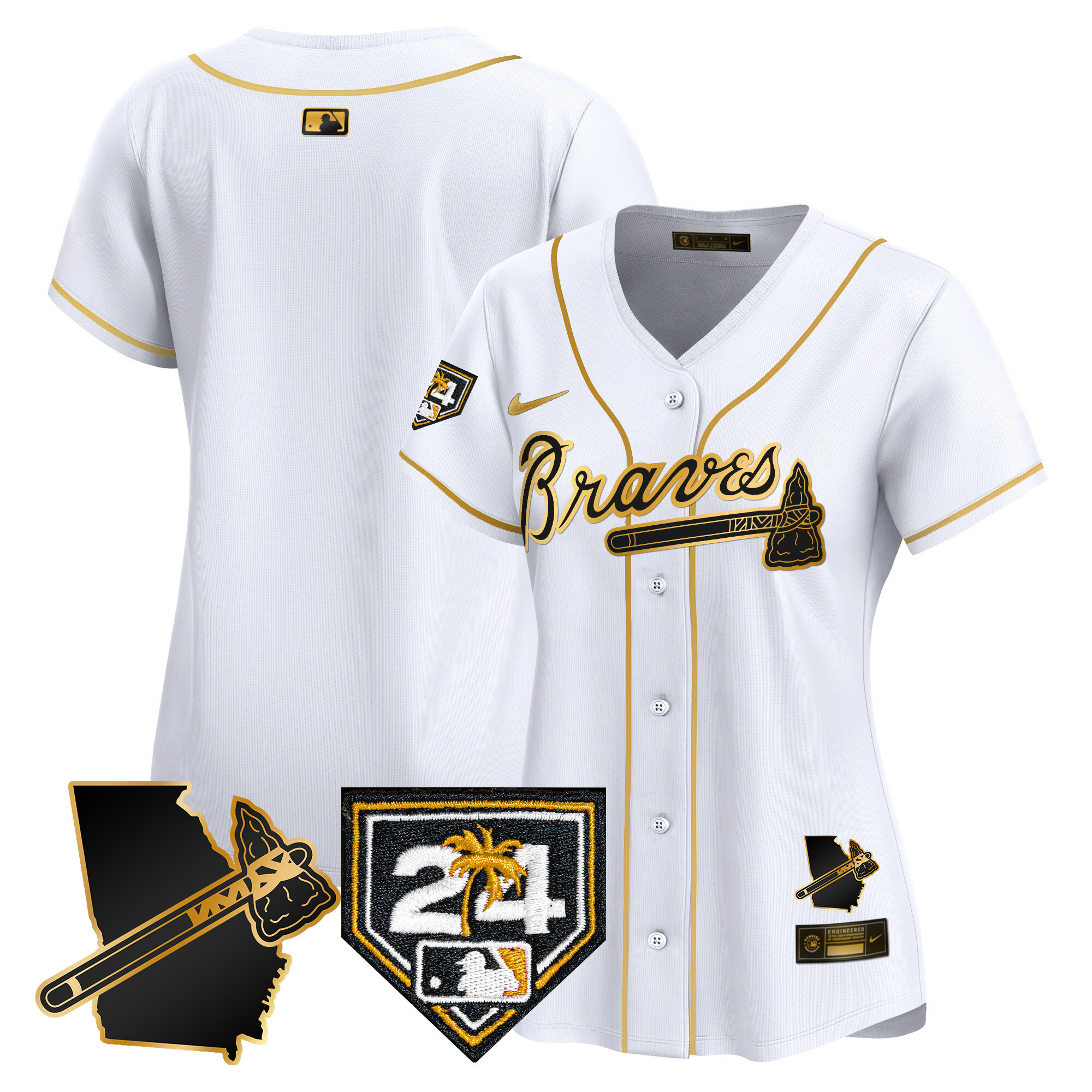 Team Women's Atlanta Braves 2024 Spring Training & Georgia Patch Vapor Premier Limited White Gold Jersey - All Stitched