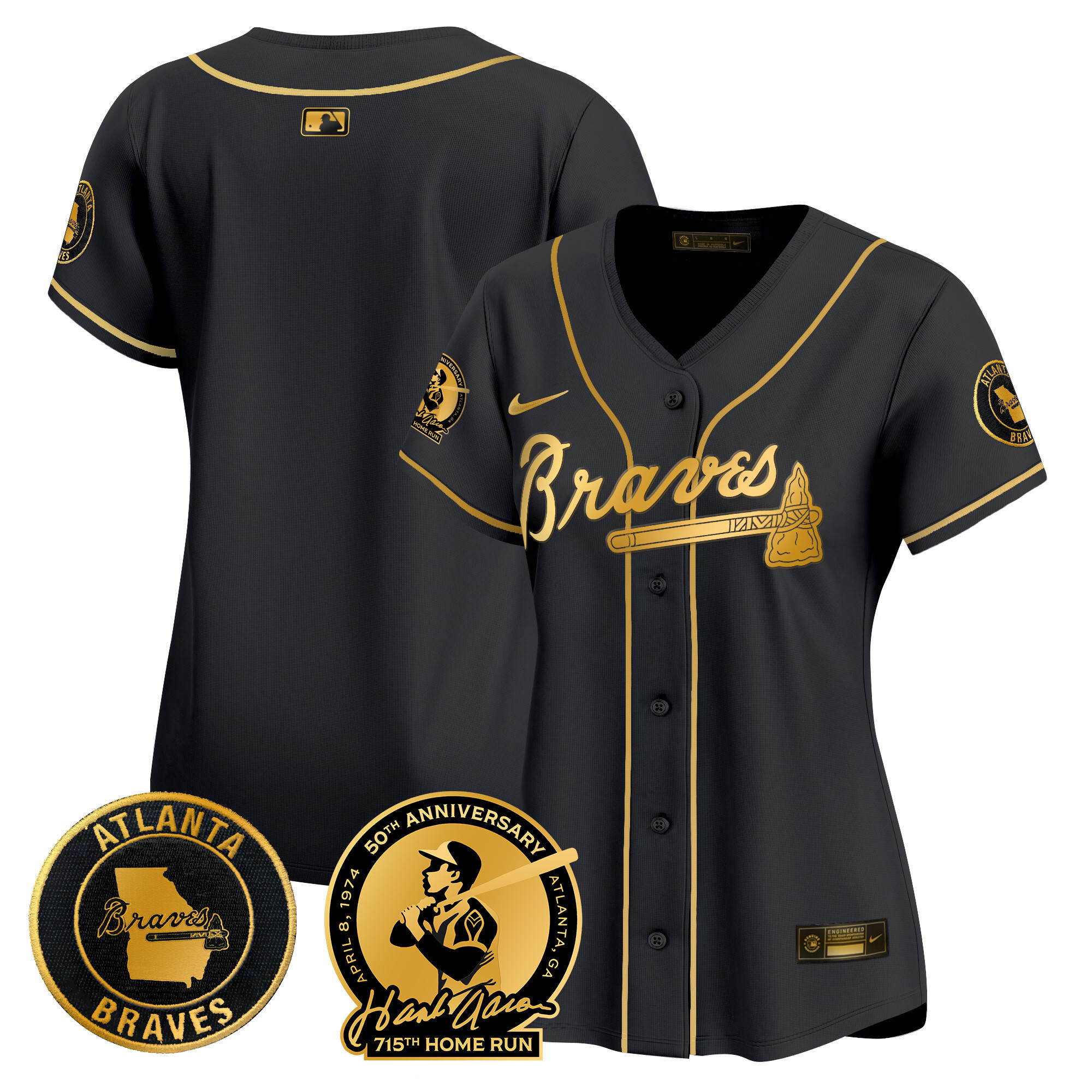 Team Women's Atlanta Braves Hank Aaron 715th Home Run Patch Vapor Premier Limited Black Gold Jersey - All Stitched