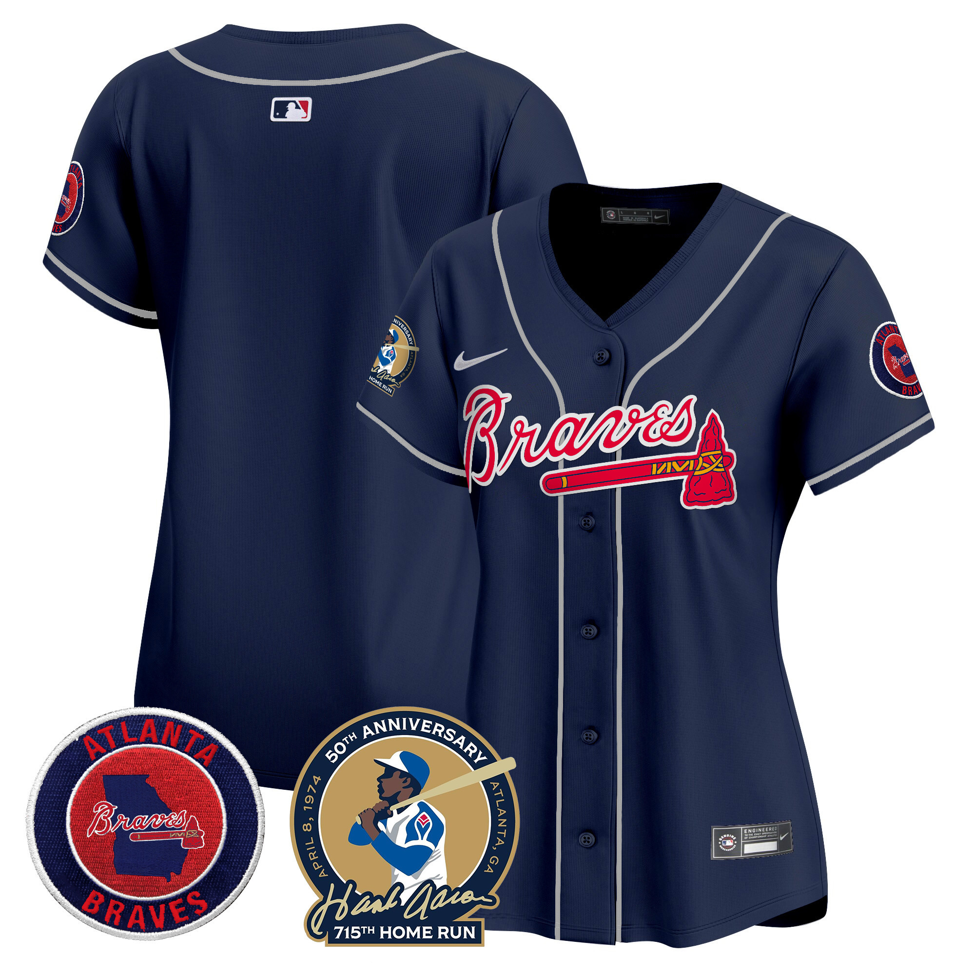 Team Women's Atlanta Braves Hank Aaron 715th Home Run Patch Vapor Premier Limited Navy Jersey - All Stitched